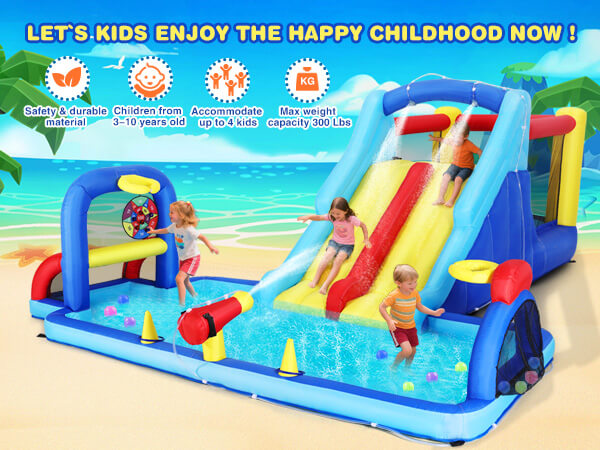 Inflatable Water Slide Bounce House, Double Slide Bouncer Castle Playhouse w/Splash Pool,Jump Area, Climbing Wall,Basketball Hoop, Water Balls, 550W Air Blower for Kids Birthday Party, Indoor Outdoor