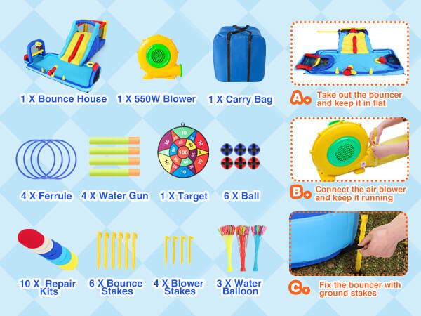 Inflatable Water Slide Bounce House, Double Slide Bouncer Castle Playhouse w/Splash Pool,Jump Area, Climbing Wall,Basketball Hoop, Water Balls, 550W Air Blower for Kids Birthday Party, Indoor Outdoor