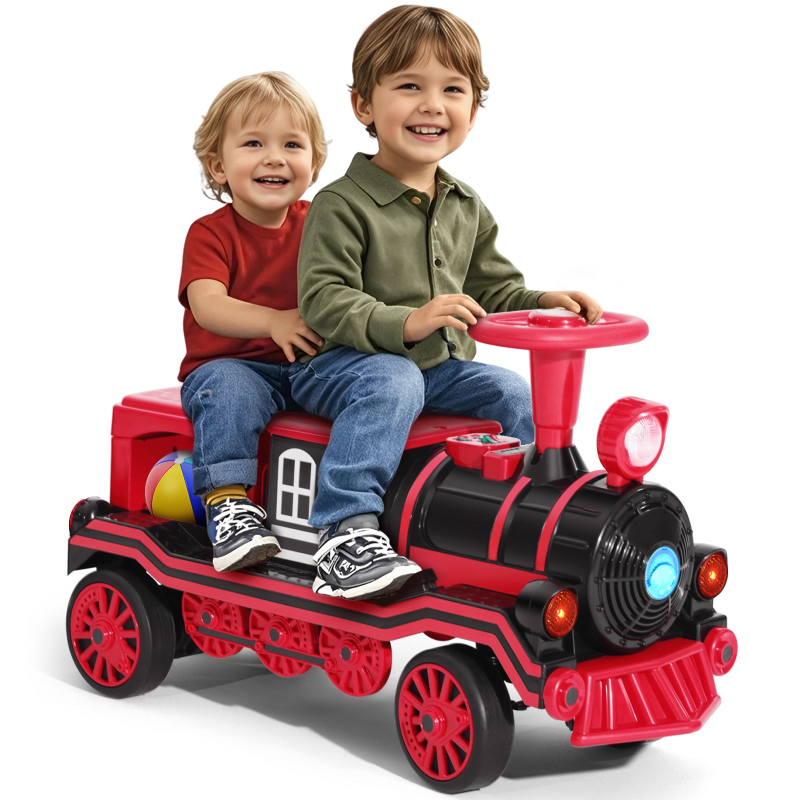 #40121 2 Seater Ride On Train, 12V Kids Ride On Toy with Music, Train Honk, Lights, High/Low Speed and Storage, Electric Car for Kids Aged 3+