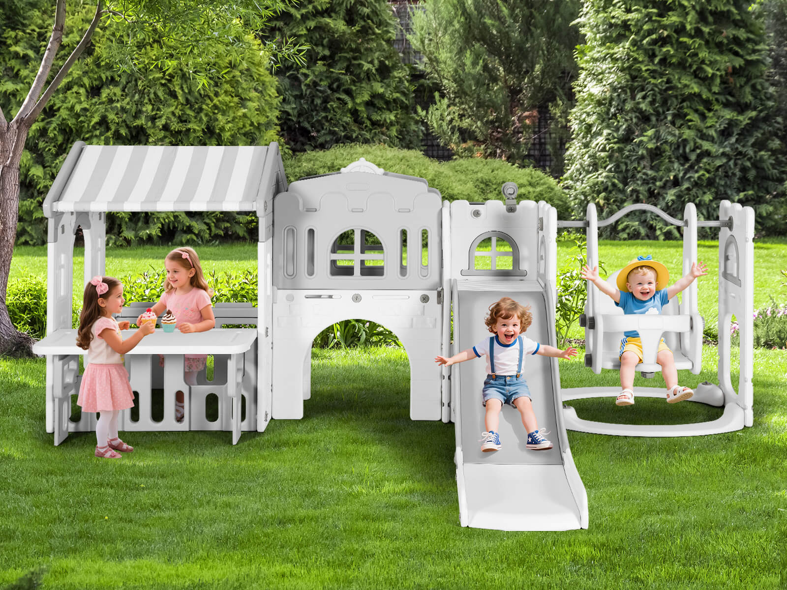 #40123 10 in 1 Toddler Slide, Freestanding Kid Climber Slide Playset, Toddler Playhouse with Slide and Swing, Basketball Hoop, Telescope, Indoor Outdoor Backyard Playground Toy for Toddlers Age 1-3+
