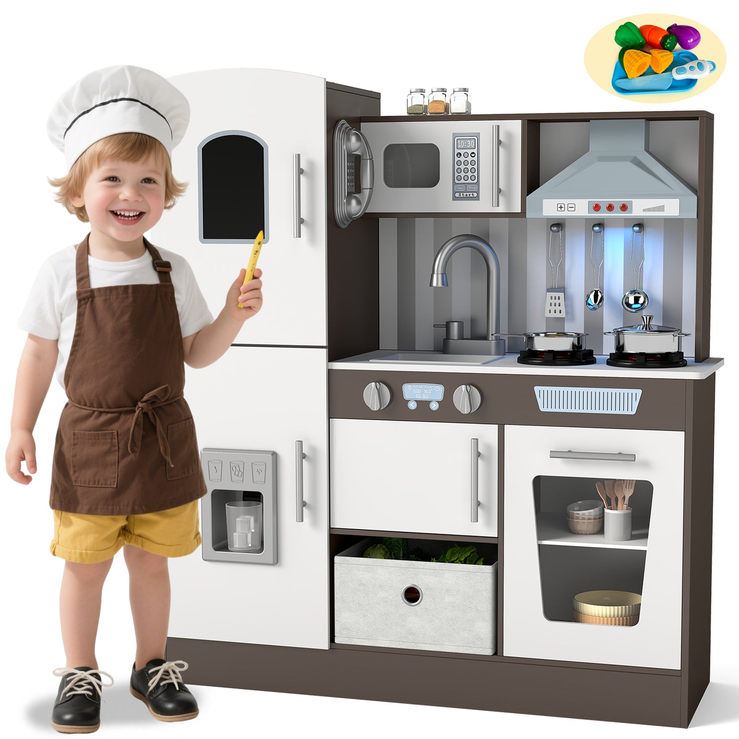 Kids Play Kitchen Set, Pretend Wooden Kid Kitchen Playset Toy Kitchen w/Sound and Light, Oven, Ice Maker, Blackboard & Toy Storage Box, Toddler Kitchen Accessories for Kids Ages 3+