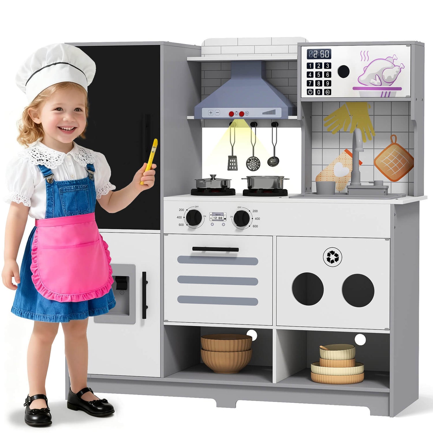 Kids Play Kitchen Set, Pretend Wooden Kid Kitchen Playset Toy Kitchen w/Sound and Light, Oven, Ice Maker, Blackboard & Recycling Bin, Toddler Kitchen for Kids Ages 3+