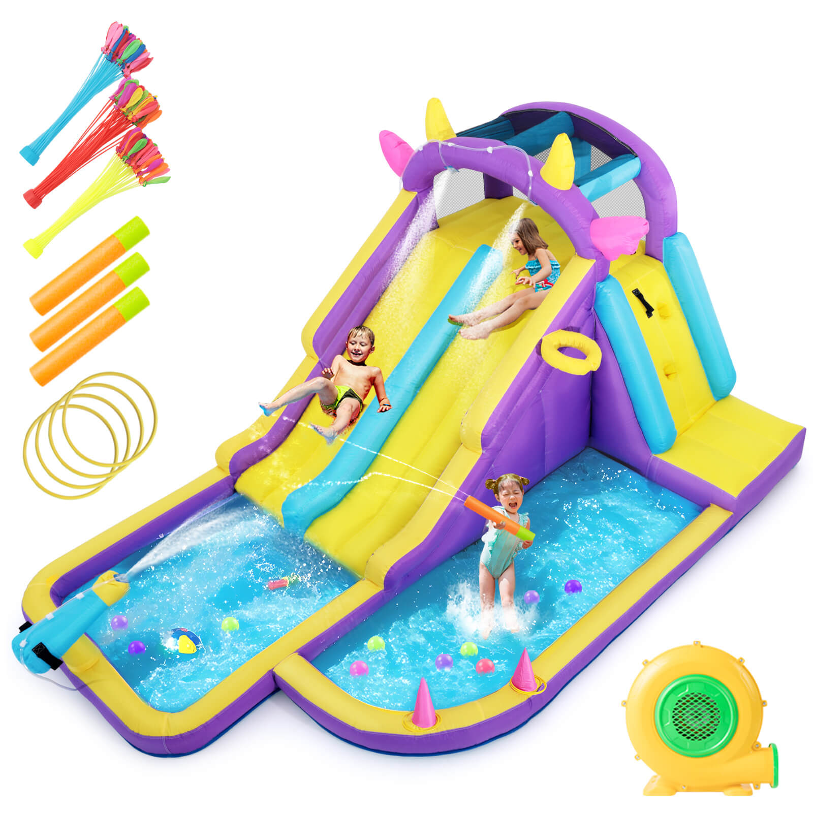 Inflatable Water Slide,Water Park Bounce House,Slide Bouncer Castle Playhouse w/Splash Pool, Climbing Wall, Ring Toss Game for Kids Birthday Party Indoor Outdoor Fun, 480W Air Blower