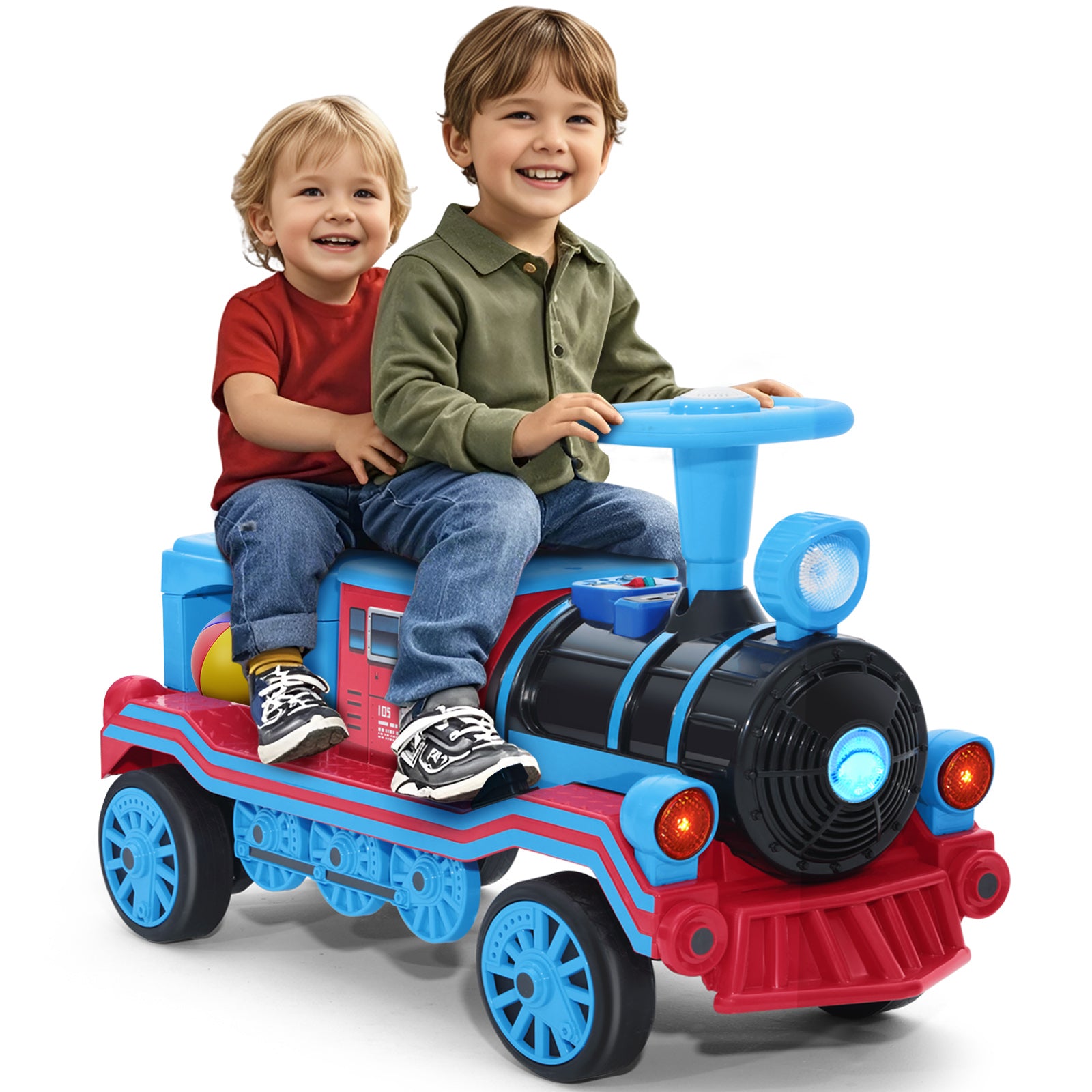 #40121 2 Seater Ride On Train, 12V Kids Ride On Toy with Music, Train Honk, Lights, High/Low Speed and Storage, Electric Car for Kids Aged 3+
