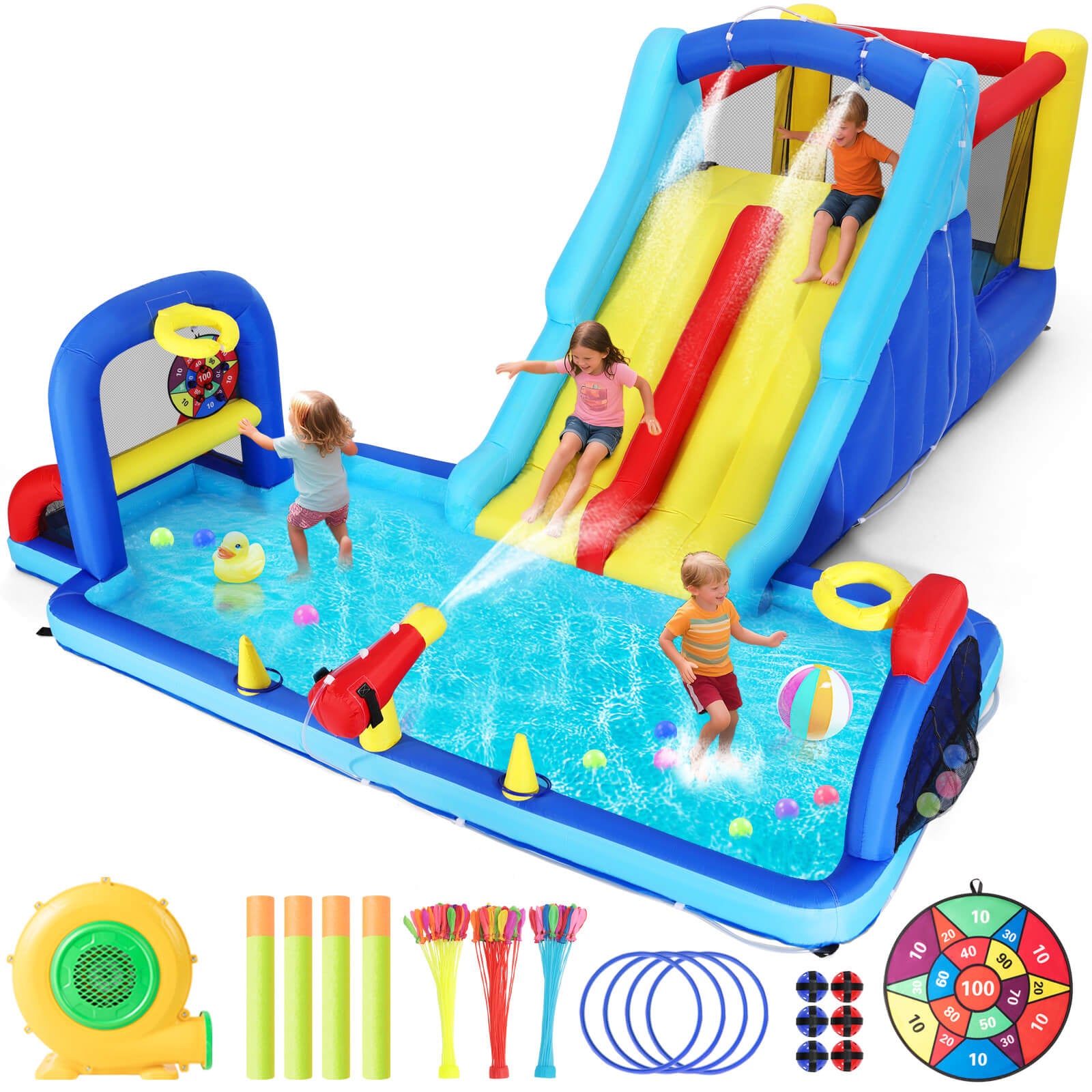 Inflatable Water Slide Bounce House, Double Slide Bouncer Castle Playhouse w/Splash Pool,Jump Area, Climbing Wall,Basketball Hoop, Water Balls, 550W Air Blower for Kids Birthday Party, Indoor Outdoor
