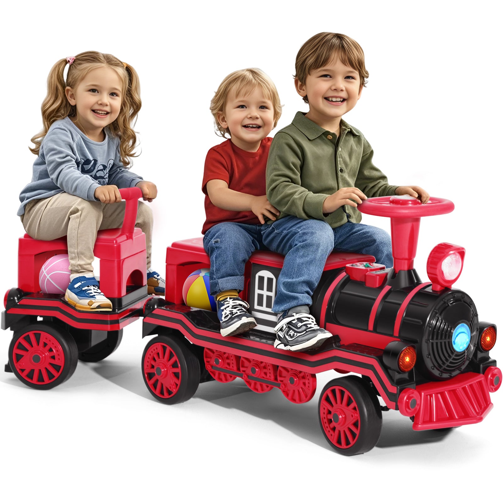 #40121 2 Seater Ride On Train, 12V Kids Ride On Toy with Music, Train Honk, Lights, High/Low Speed and Storage, Electric Car for Kids Aged 3+