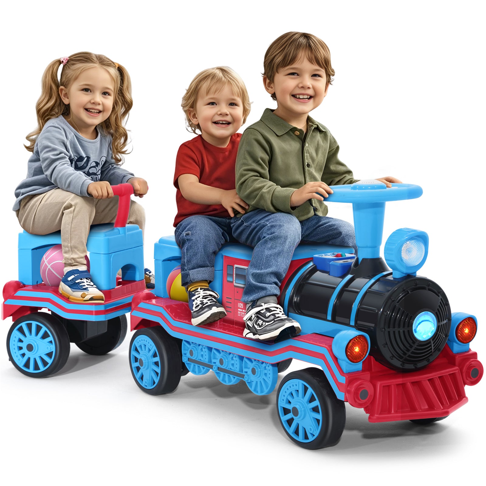 #40121 2 Seater Ride On Train, 12V Kids Ride On Toy with Music, Train Honk, Lights, High/Low Speed and Storage, Electric Car for Kids Aged 3+