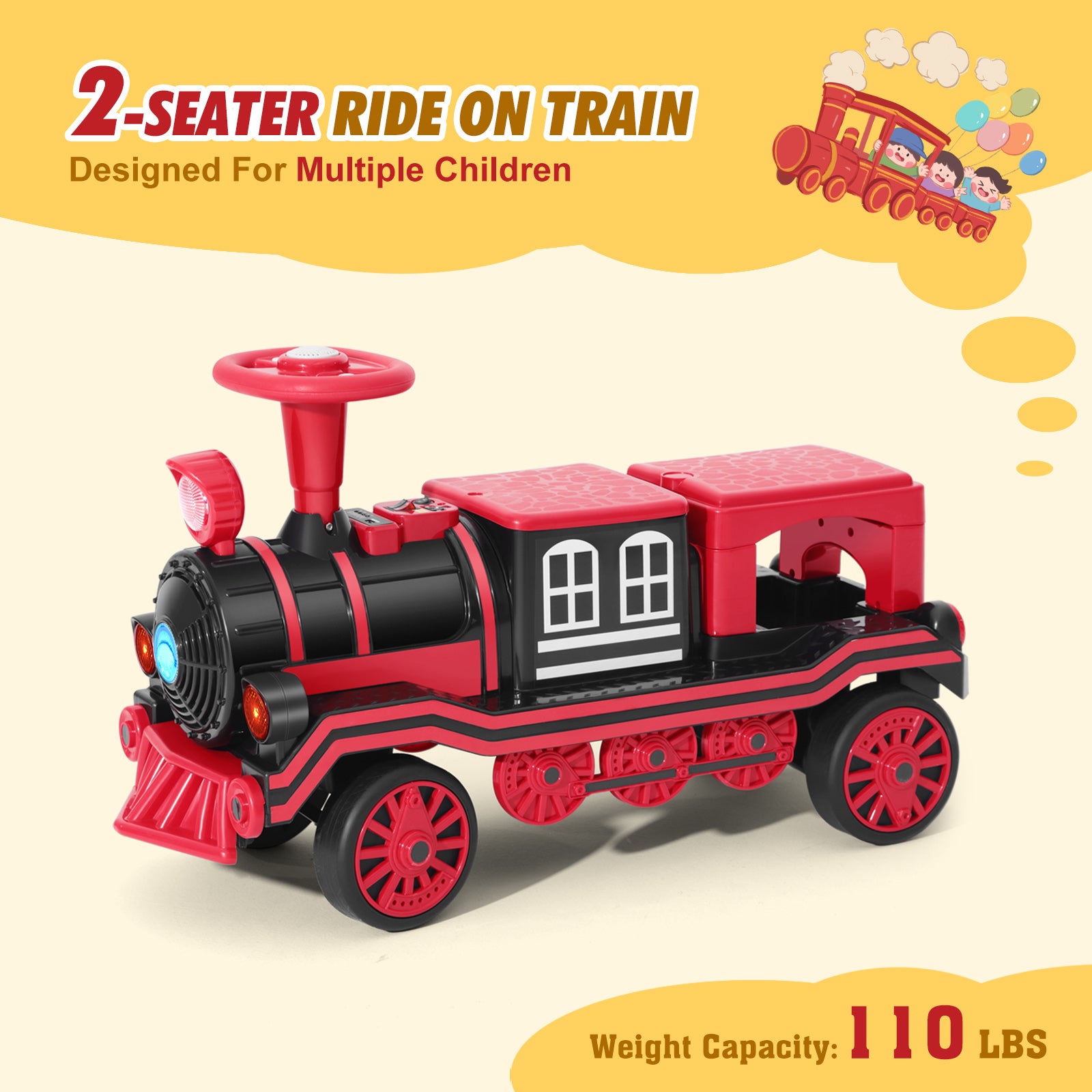 #40121 2 Seater Ride On Train, 12V Kids Ride On Toy with Music, Train Honk, Lights, High/Low Speed and Storage, Electric Car for Kids Aged 3+