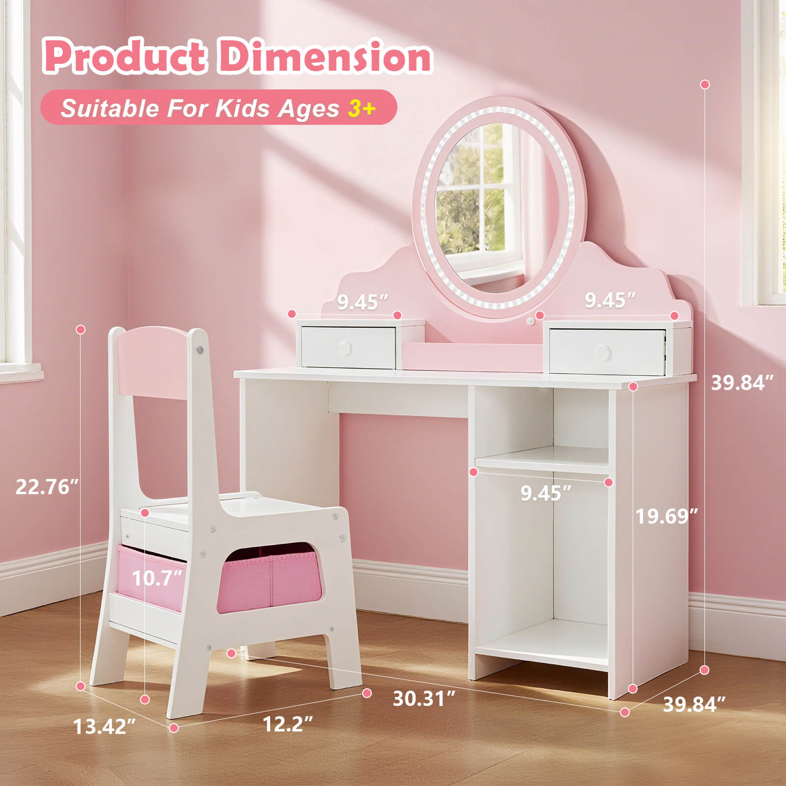 Kids Vanity with Lights, Pink Girls Makeup Vanity with 2 Drawer, Storage Cabinet & Shelves, 2 in 1 Toddler Vanity Table and Chair Set, Dressing Table for Kids 3+