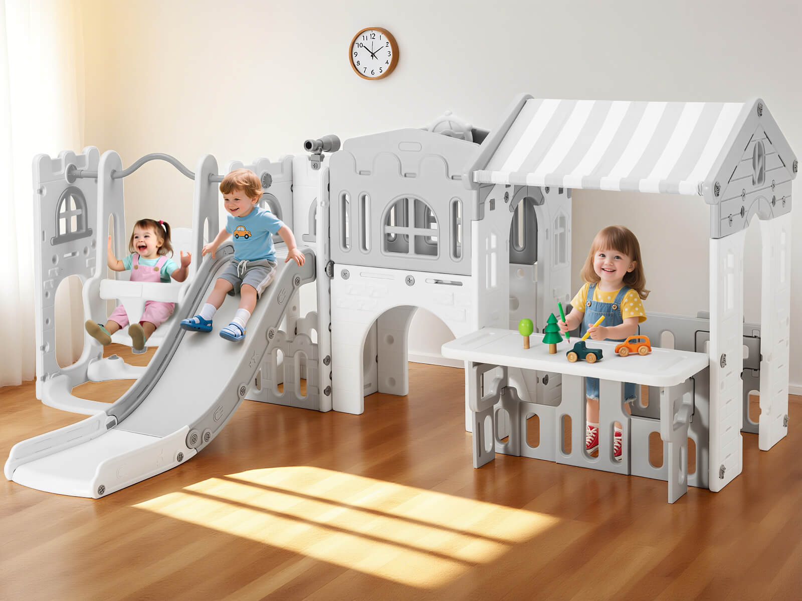 #40123 10 in 1 Toddler Slide, Freestanding Kid Climber Slide Playset, Toddler Playhouse with Slide and Swing, Basketball Hoop, Telescope, Indoor Outdoor Backyard Playground Toy for Toddlers Age 1-3+