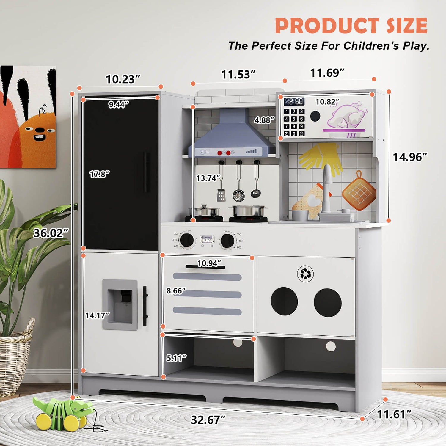 Kids Play Kitchen Set, Pretend Wooden Kid Kitchen Playset Toy Kitchen w/Sound and Light, Oven, Ice Maker, Blackboard & Recycling Bin, Toddler Kitchen for Kids Ages 3+