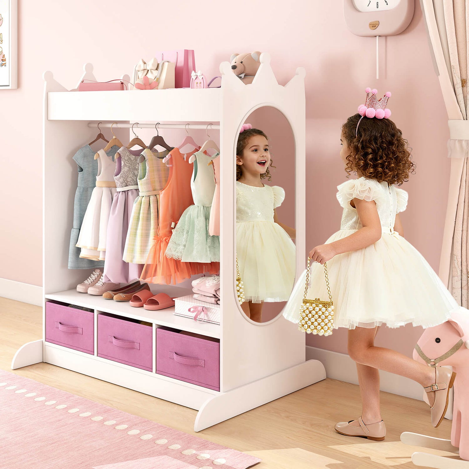 Kids Dress Up Storage with Mirror and Drawers, Kid Armoire Dresser, Pretend Storage Closet for Kids, Costume Wardrobe with Top Shelf for Playroom Bedroom
