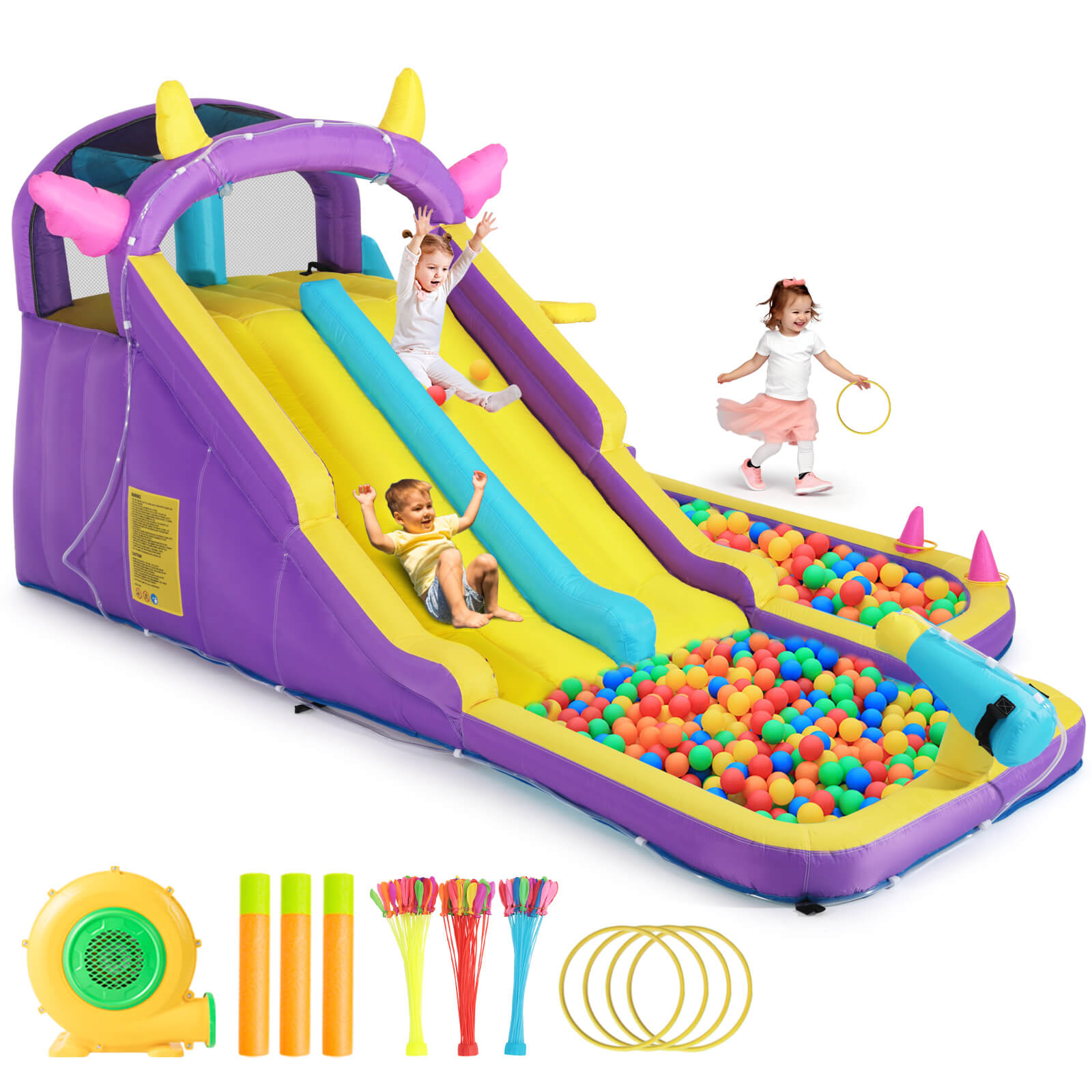 Inflatable Water Slide,Water Park Bounce House,Slide Bouncer Castle Playhouse w/Splash Pool, Climbing Wall, Ring Toss Game for Kids Birthday Party Indoor Outdoor Fun, 480W Air Blower