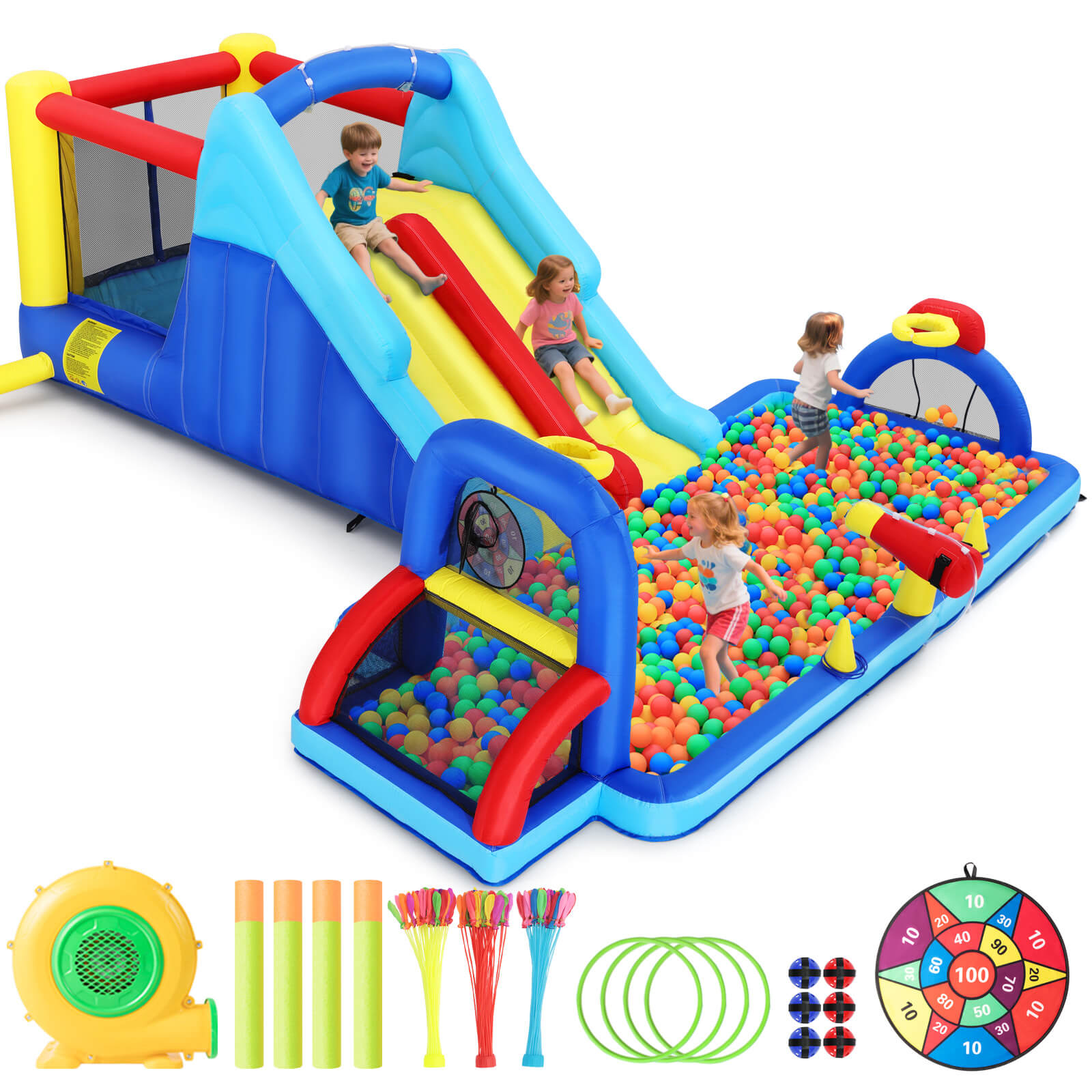 Inflatable Water Slide Bounce House, Double Slide Bouncer Castle Playhouse w/Splash Pool,Jump Area, Climbing Wall,Basketball Hoop, Water Balls, 550W Air Blower for Kids Birthday Party, Indoor Outdoor