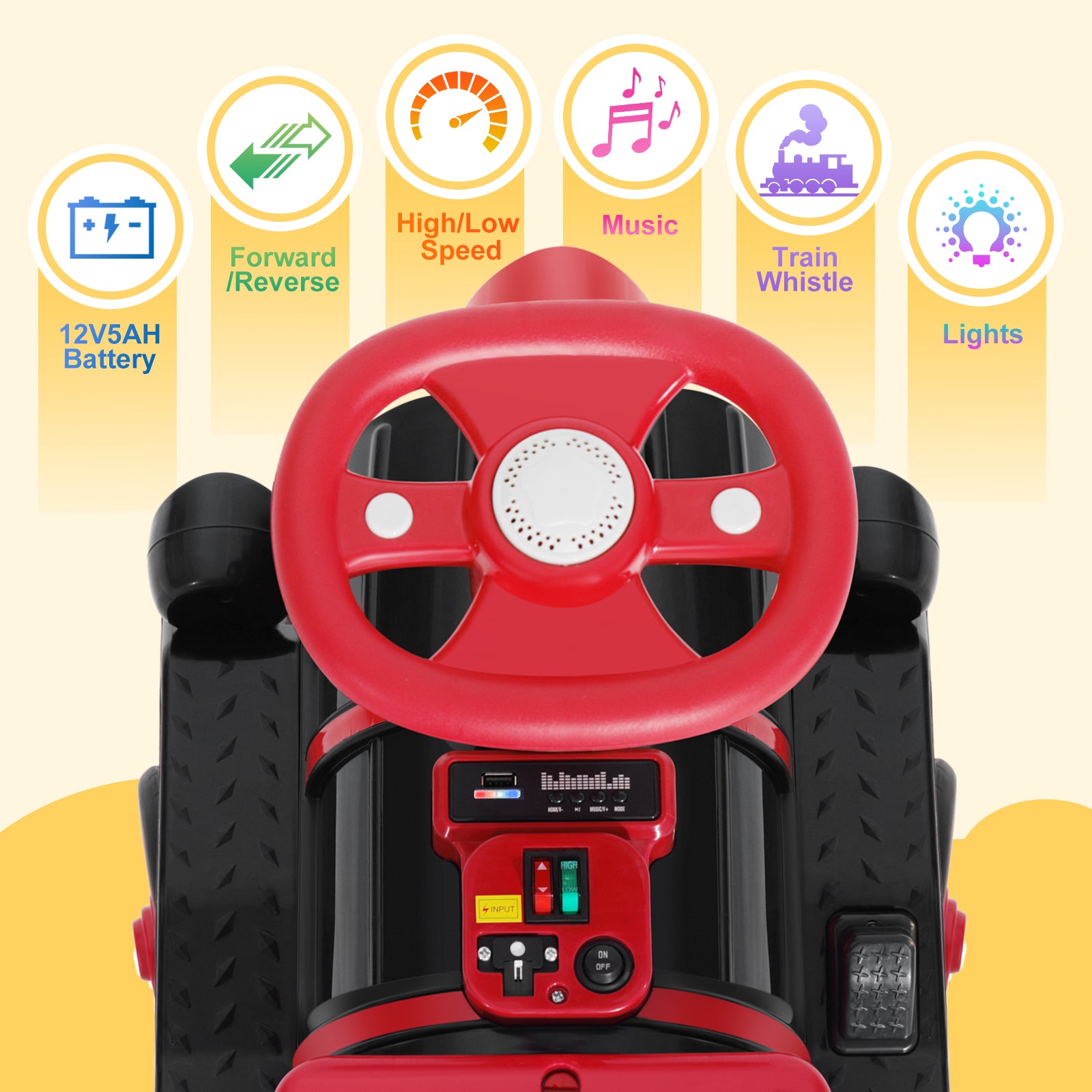 #40121 2 Seater Ride On Train, 12V Kids Ride On Toy with Music, Train Honk, Lights, High/Low Speed and Storage, Electric Car for Kids Aged 3+