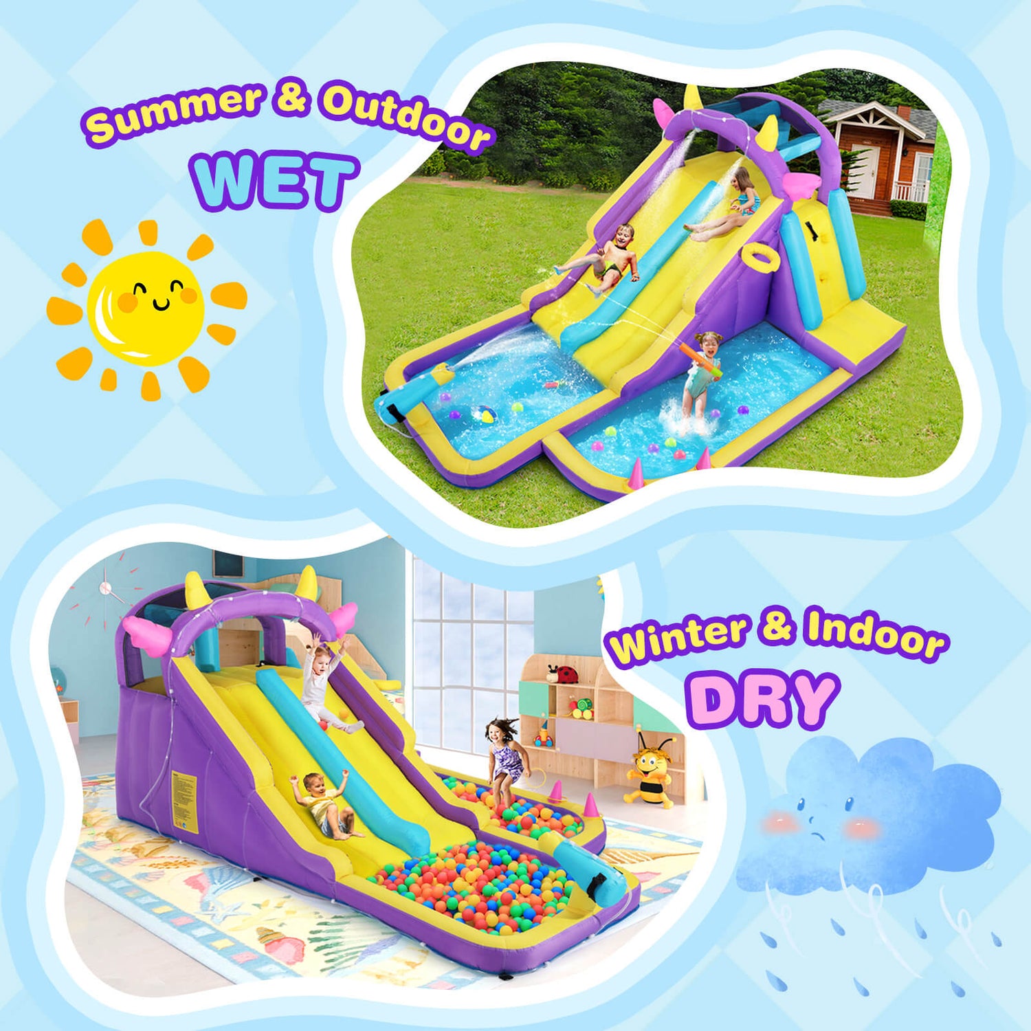 Inflatable Water Slide,Water Park Bounce House,Slide Bouncer Castle Playhouse w/Splash Pool, Climbing Wall, Ring Toss Game for Kids Birthday Party Indoor Outdoor Fun, 480W Air Blower