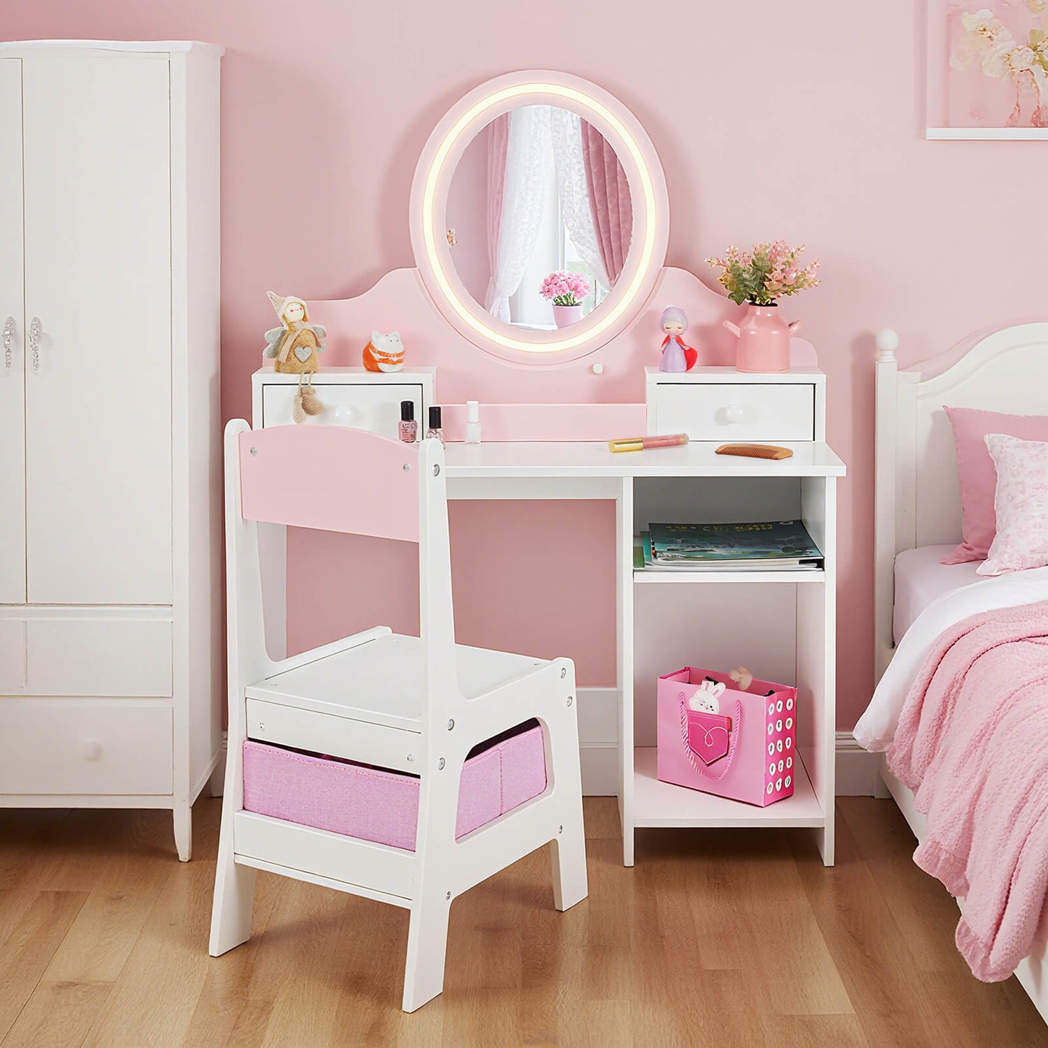 Kids Vanity with Lights, Pink Girls Makeup Vanity with 2 Drawer, Storage Cabinet & Shelves, 2 in 1 Toddler Vanity Table and Chair Set, Dressing Table for Kids 3+