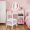 Kids Vanity with Lights, Pink Girls Makeup Vanity with 2 Drawer, Storage Cabinet & Shelves, 2 in 1 Toddler Vanity Table and Chair Set, Dressing Table for Kids 3+