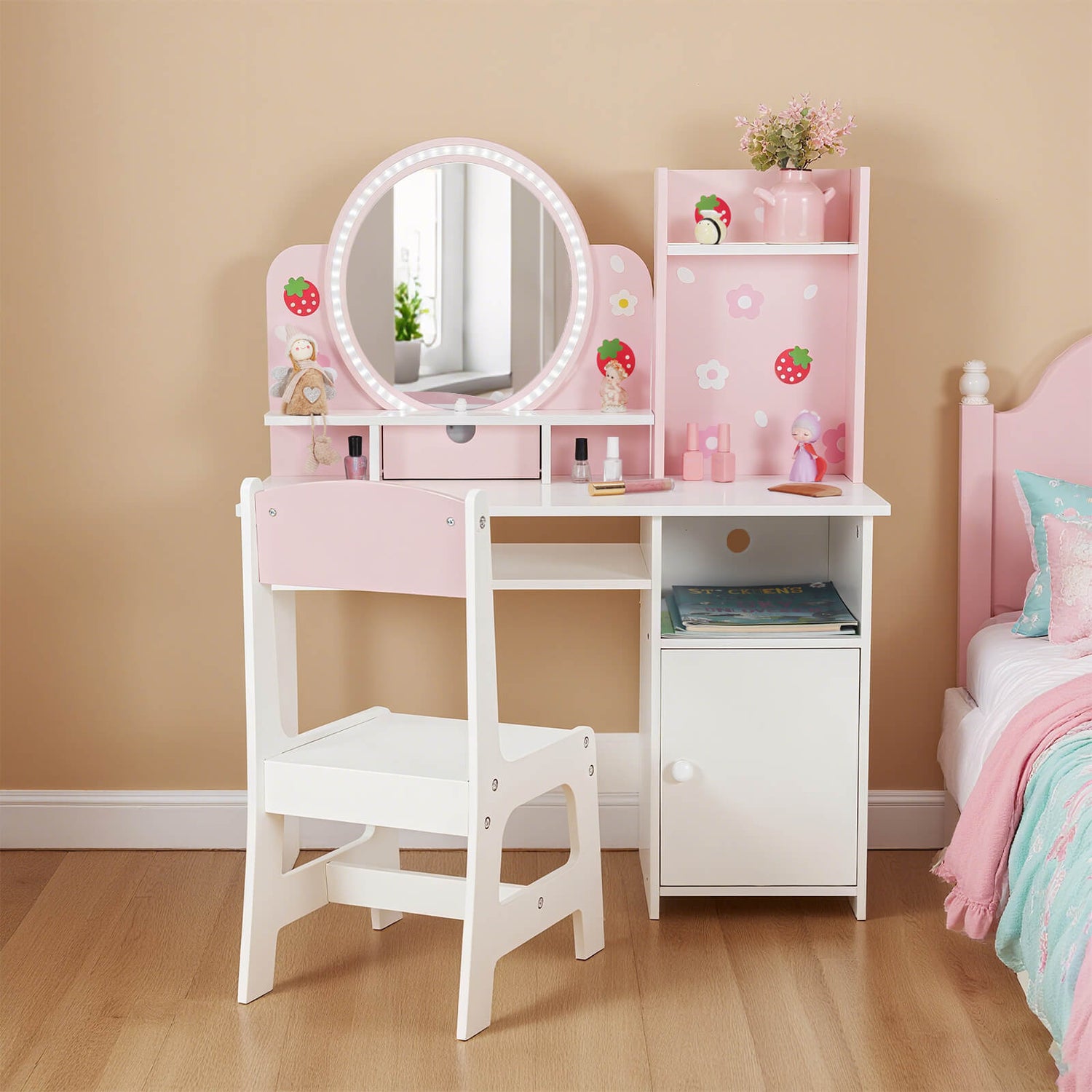 Kids Vanity with Lights, Pink Girls Makeup Vanity with Open Bookshelf, Storage Cabinet & Shelves, 2 in 1 Toddler Vanity Desk and Chair Set, Dressing Table for Kids 3+