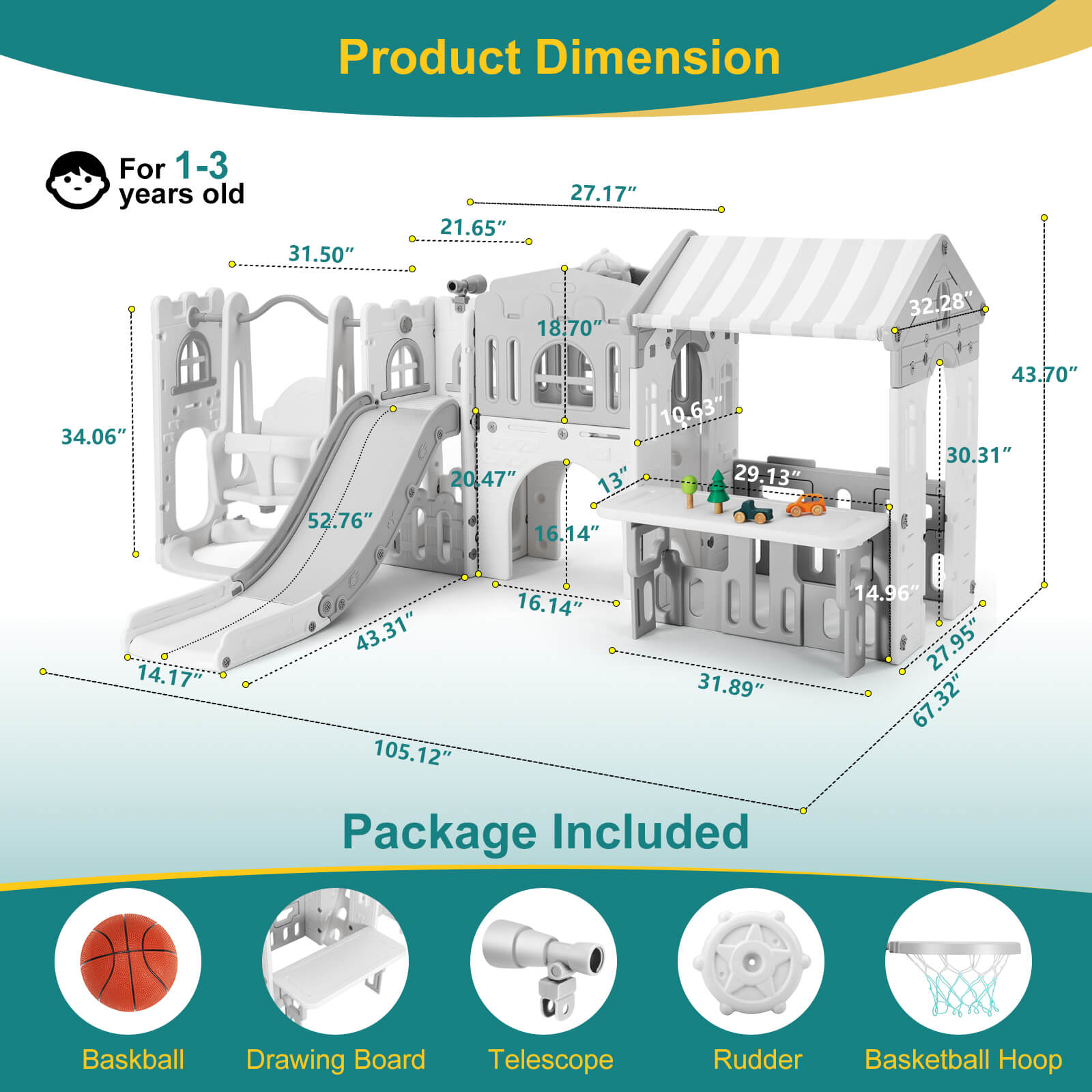 #40123 10 in 1 Toddler Slide, Freestanding Kid Climber Slide Playset, Toddler Playhouse with Slide and Swing, Basketball Hoop, Telescope, Indoor Outdoor Backyard Playground Toy for Toddlers Age 1-3+