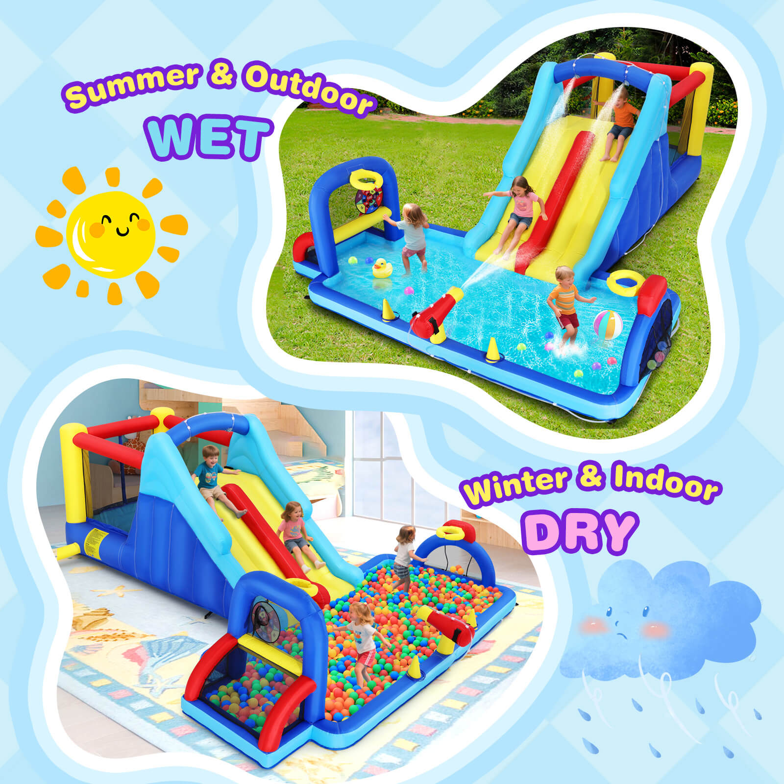 Inflatable Water Slide Bounce House, Double Slide Bouncer Castle Playhouse w/Splash Pool,Jump Area, Climbing Wall,Basketball Hoop, Water Balls, 550W Air Blower for Kids Birthday Party, Indoor Outdoor