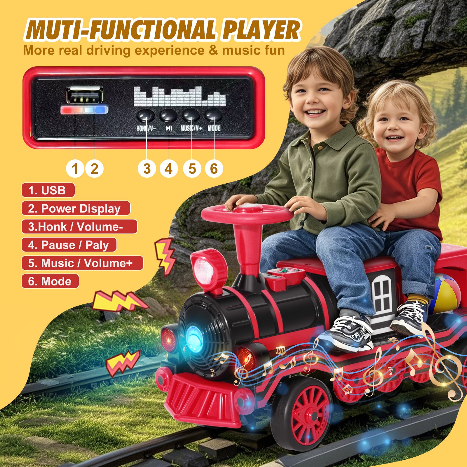 #40121 2 Seater Ride On Train, 12V Kids Ride On Toy with Music, Train Honk, Lights, High/Low Speed and Storage, Electric Car for Kids Aged 3+