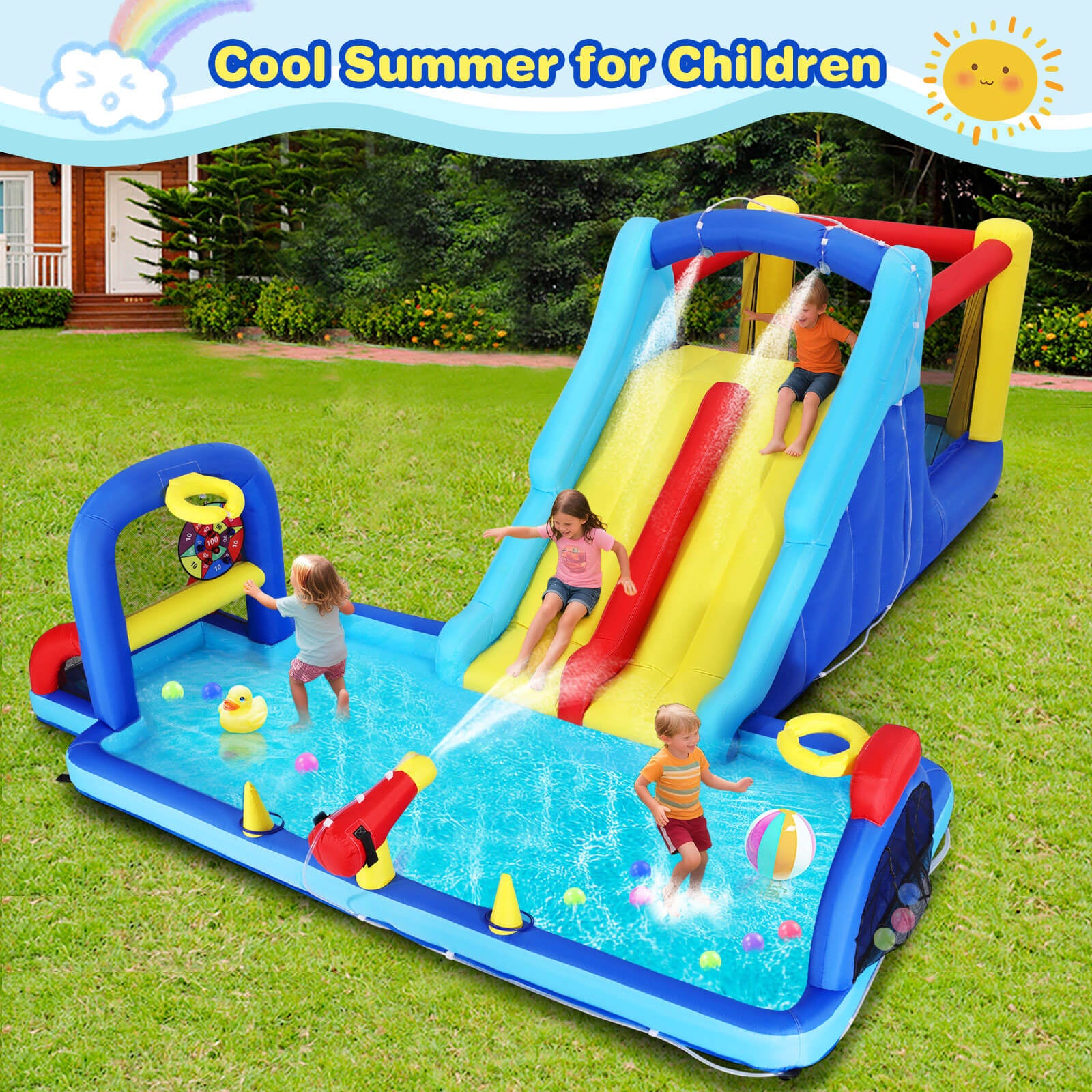 Inflatable Water Slide Bounce House, Double Slide Bouncer Castle Playhouse w/Splash Pool,Jump Area, Climbing Wall,Basketball Hoop, Water Balls, 550W Air Blower for Kids Birthday Party, Indoor Outdoor