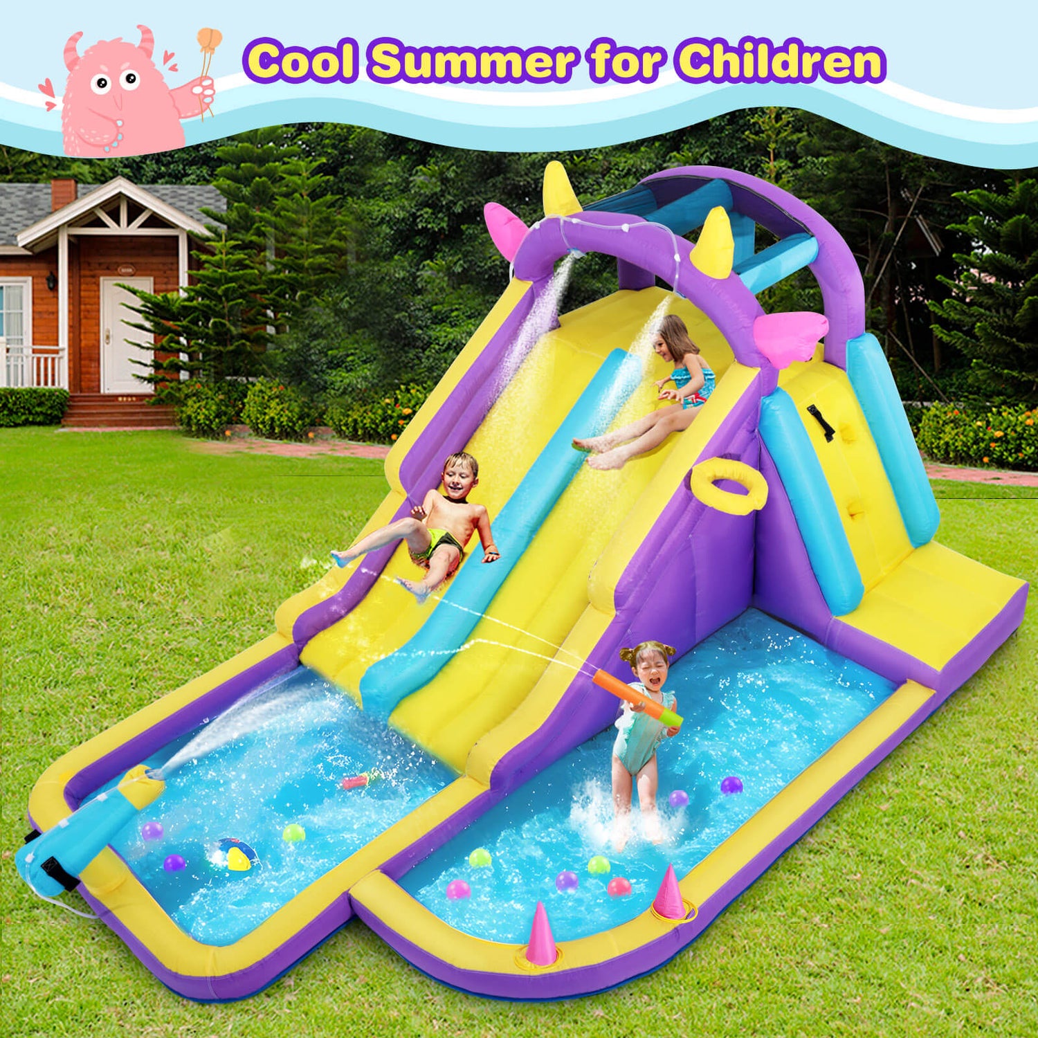Inflatable Water Slide,Water Park Bounce House,Slide Bouncer Castle Playhouse w/Splash Pool, Climbing Wall, Ring Toss Game for Kids Birthday Party Indoor Outdoor Fun, 480W Air Blower