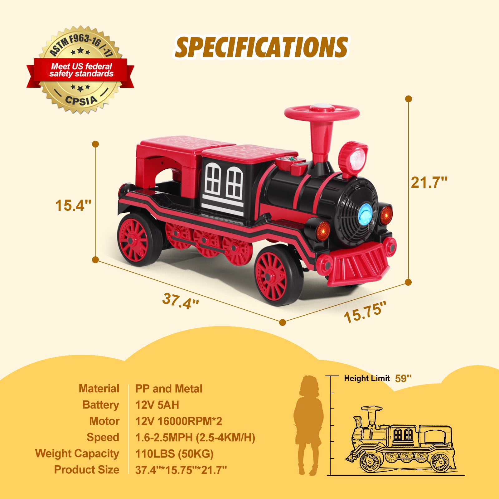 #40121 2 Seater Ride On Train, 12V Kids Ride On Toy with Music, Train Honk, Lights, High/Low Speed and Storage, Electric Car for Kids Aged 3+
