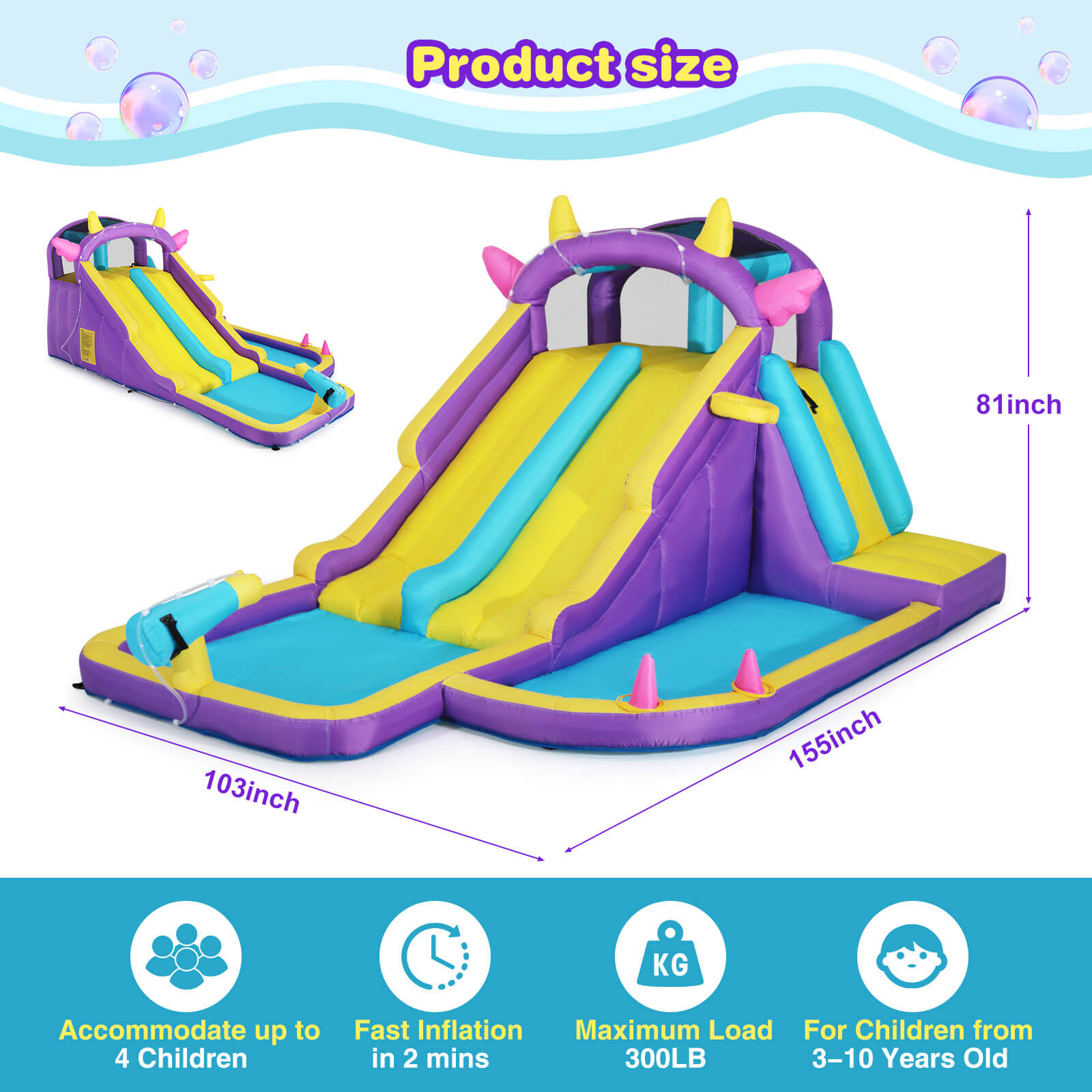 Inflatable Water Slide,Water Park Bounce House,Slide Bouncer Castle Playhouse w/Splash Pool, Climbing Wall, Ring Toss Game for Kids Birthday Party Indoor Outdoor Fun, 480W Air Blower