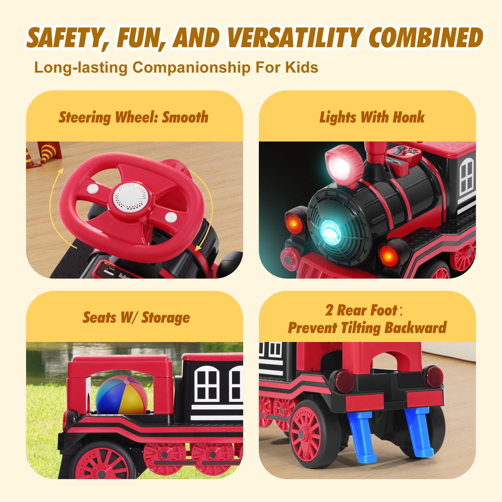 #40121 2 Seater Ride On Train, 12V Kids Ride On Toy with Music, Train Honk, Lights, High/Low Speed and Storage, Electric Car for Kids Aged 3+