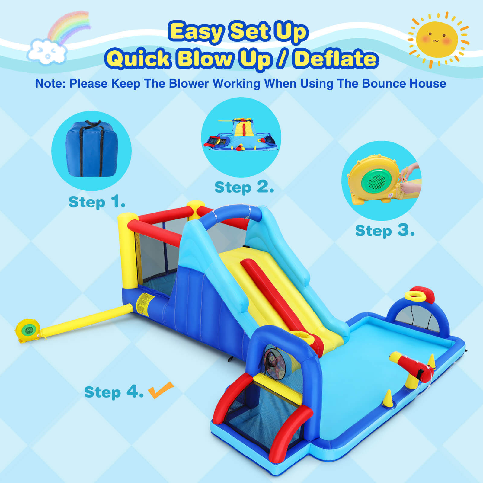 Inflatable Water Slide Bounce House, Double Slide Bouncer Castle Playhouse w/Splash Pool,Jump Area, Climbing Wall,Basketball Hoop, Water Balls, 550W Air Blower for Kids Birthday Party, Indoor Outdoor
