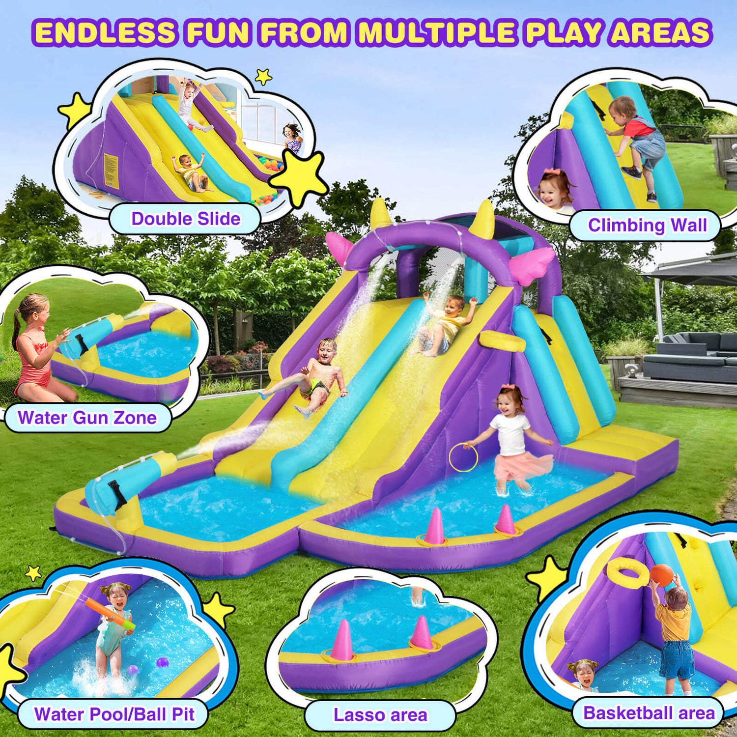 Inflatable Water Slide,Water Park Bounce House,Slide Bouncer Castle Playhouse w/Splash Pool, Climbing Wall, Ring Toss Game for Kids Birthday Party Indoor Outdoor Fun, 480W Air Blower