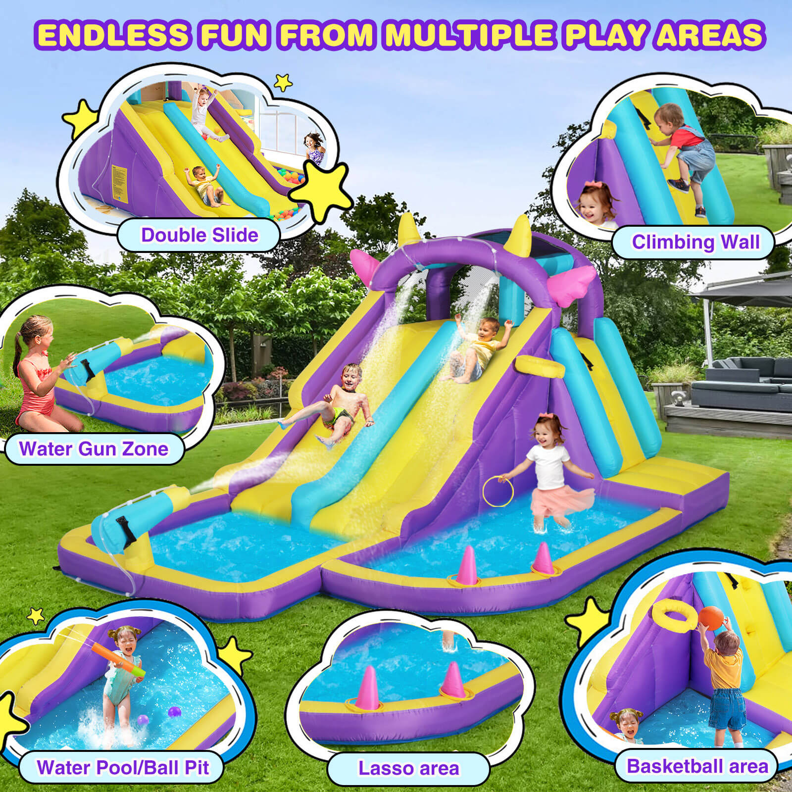 Inflatable Water Slide,Water Park Bounce House,Slide Bouncer Castle Playhouse w/Splash Pool, Climbing Wall, Ring Toss Game for Kids Birthday Party Indoor Outdoor Fun, 480W Air Blower