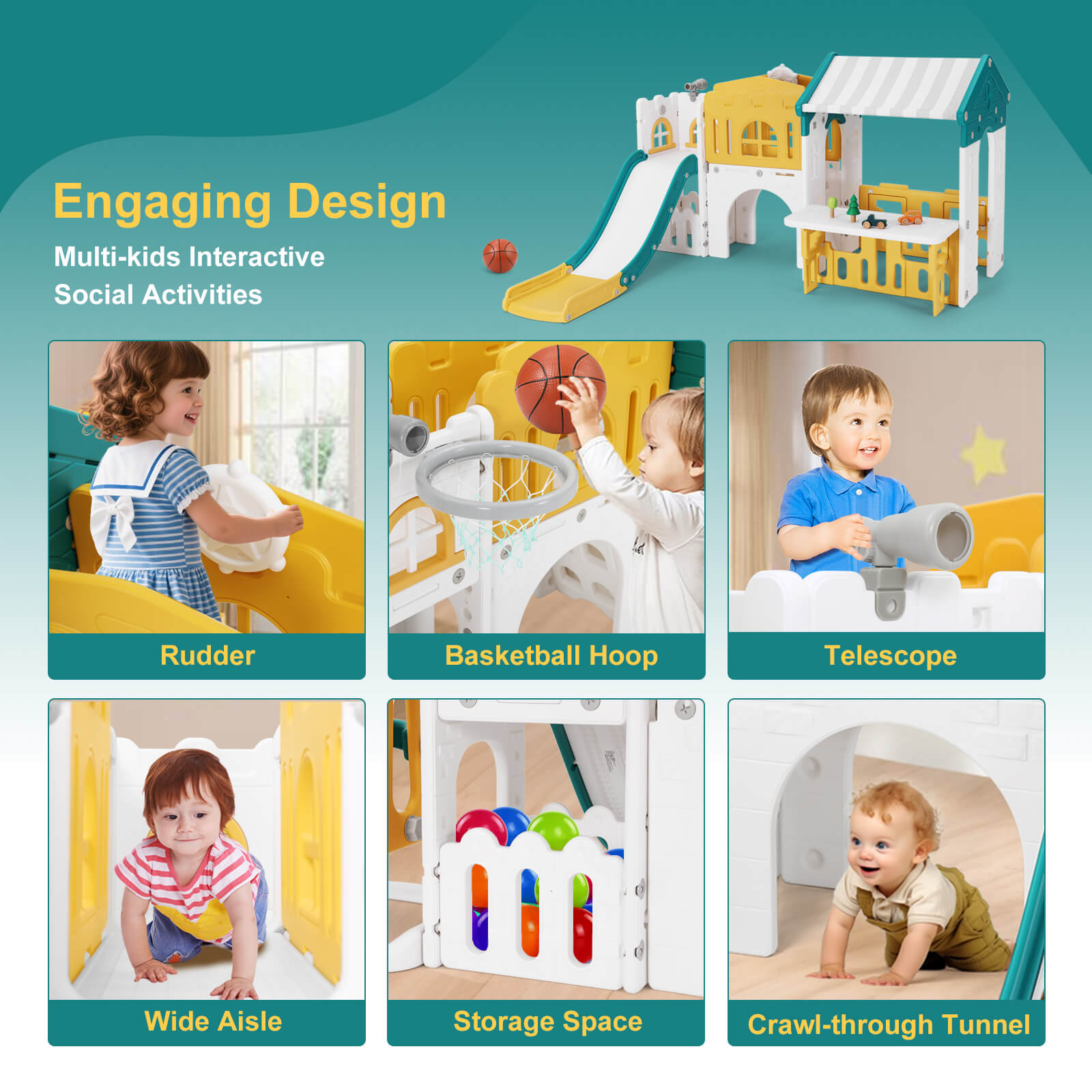 9 in 1 Toddler Slide, Freestanding Kid Climber Slide Playset, Toddler Playhouse with Slide, Basketball Hoop and Climbing Frame, Indoor Outdoor Backyard Playground Toy for Toddlers Age 1-3+