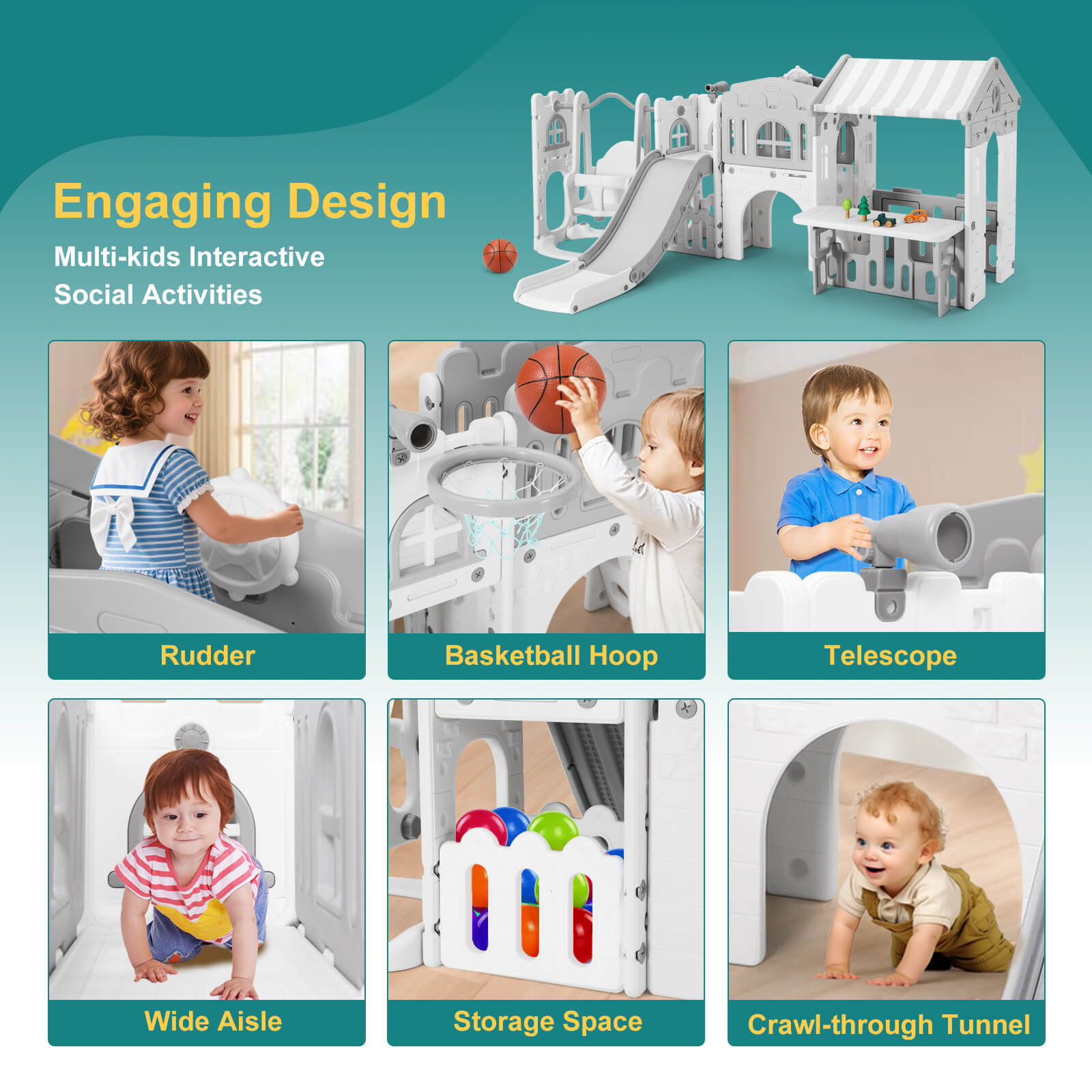 #40123 10 in 1 Toddler Slide, Freestanding Kid Climber Slide Playset, Toddler Playhouse with Slide and Swing, Basketball Hoop, Telescope, Indoor Outdoor Backyard Playground Toy for Toddlers Age 1-3+