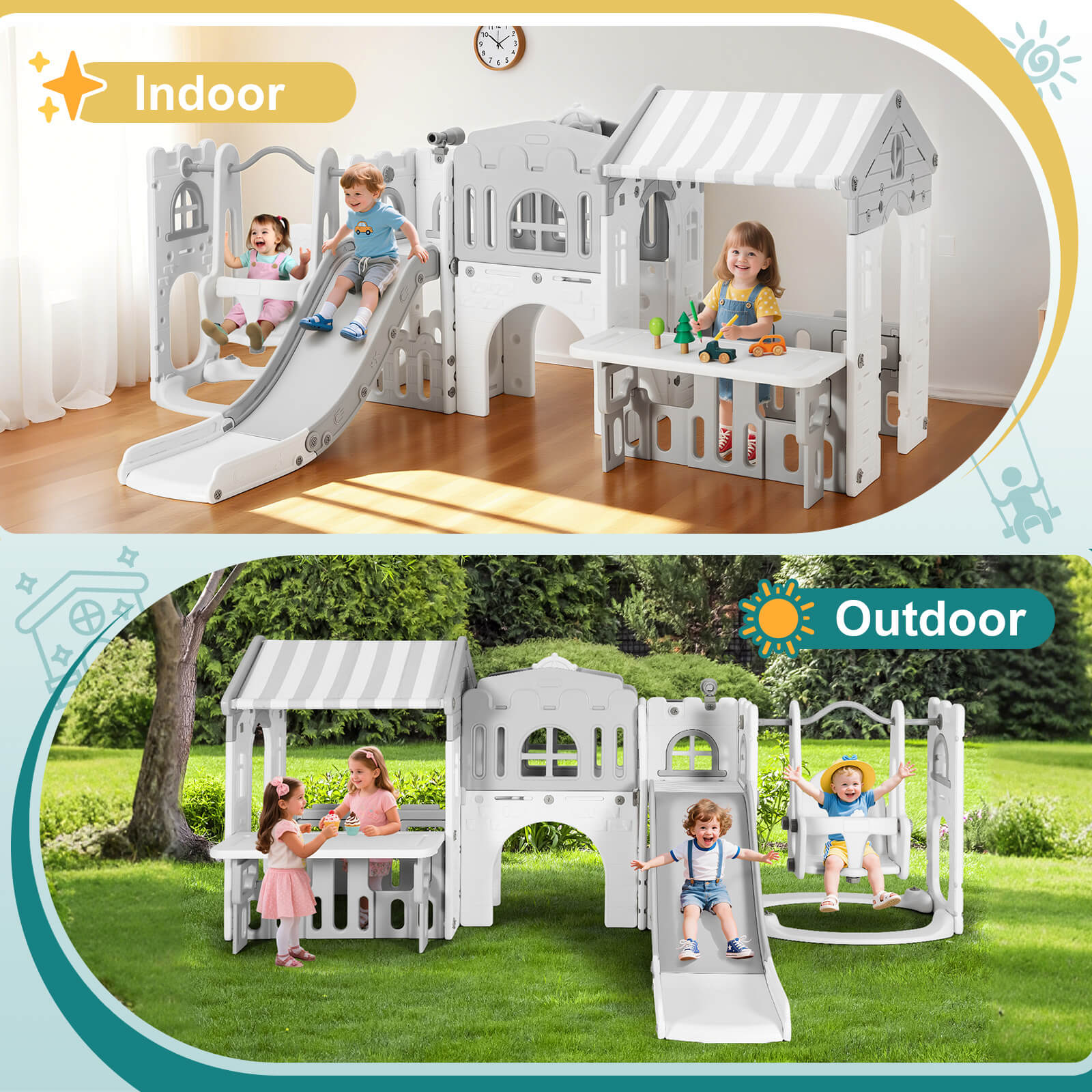 #40123 10 in 1 Toddler Slide, Freestanding Kid Climber Slide Playset, Toddler Playhouse with Slide and Swing, Basketball Hoop, Telescope, Indoor Outdoor Backyard Playground Toy for Toddlers Age 1-3+