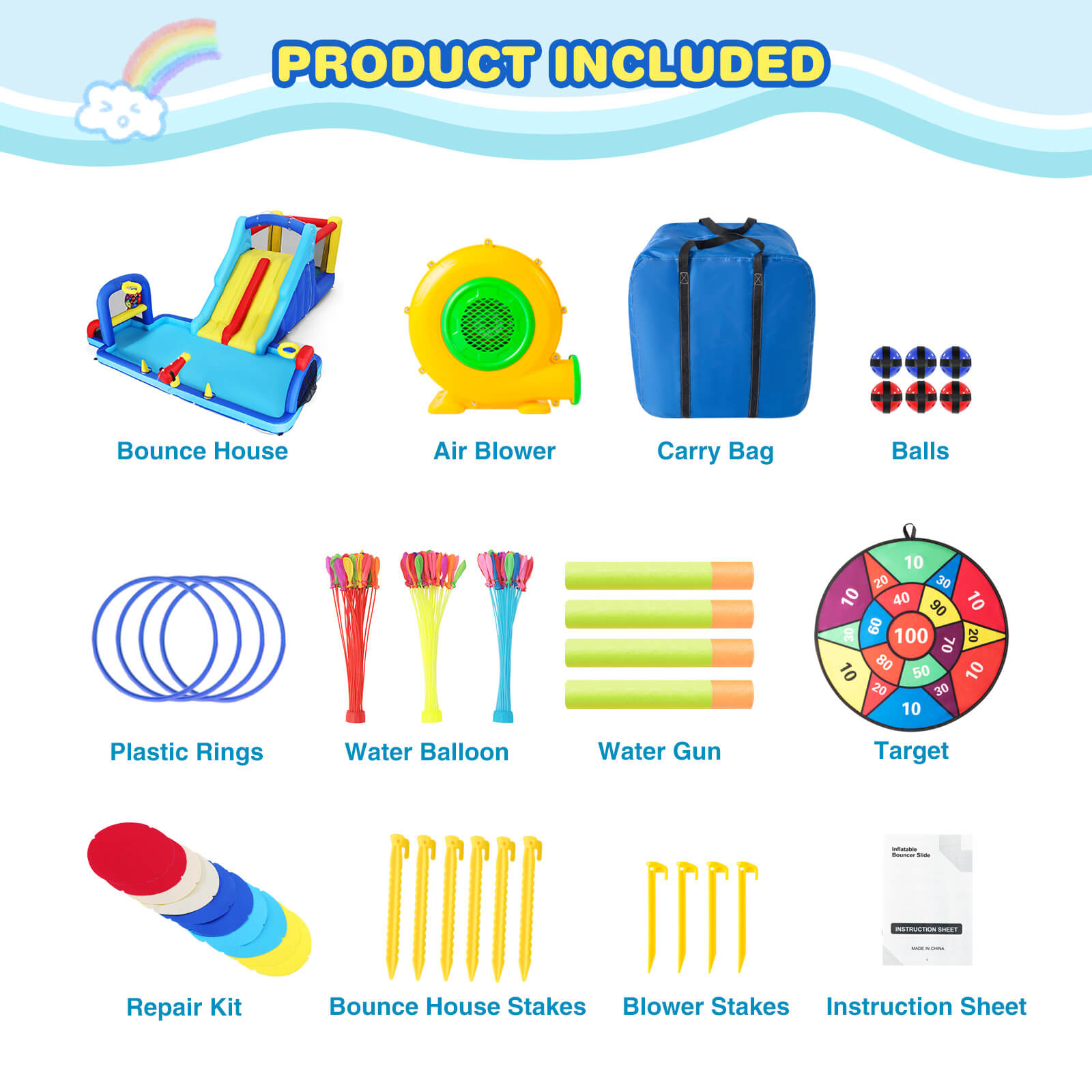 Inflatable Water Slide Bounce House, Double Slide Bouncer Castle Playhouse w/Splash Pool,Jump Area, Climbing Wall,Basketball Hoop, Water Balls, 550W Air Blower for Kids Birthday Party, Indoor Outdoor