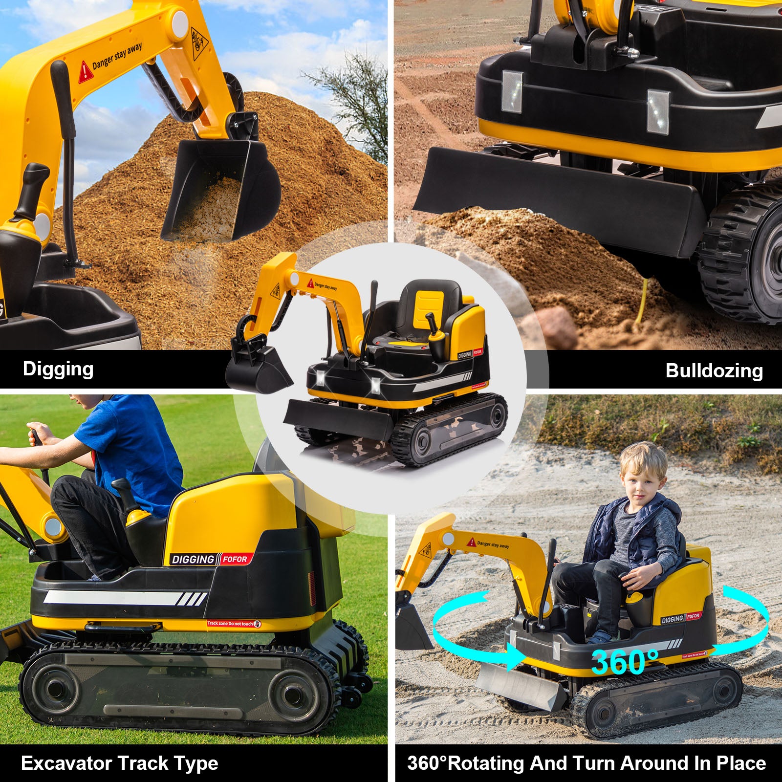 360 Degree Rotating Ride On Excavator and Bulldozer,JOYLDIAS 12V12AH Battery Powered Ride On Toy Backhoe W/Track Design Wheels for All Terrain,Remote Control,MP3,Toolbox for Kids