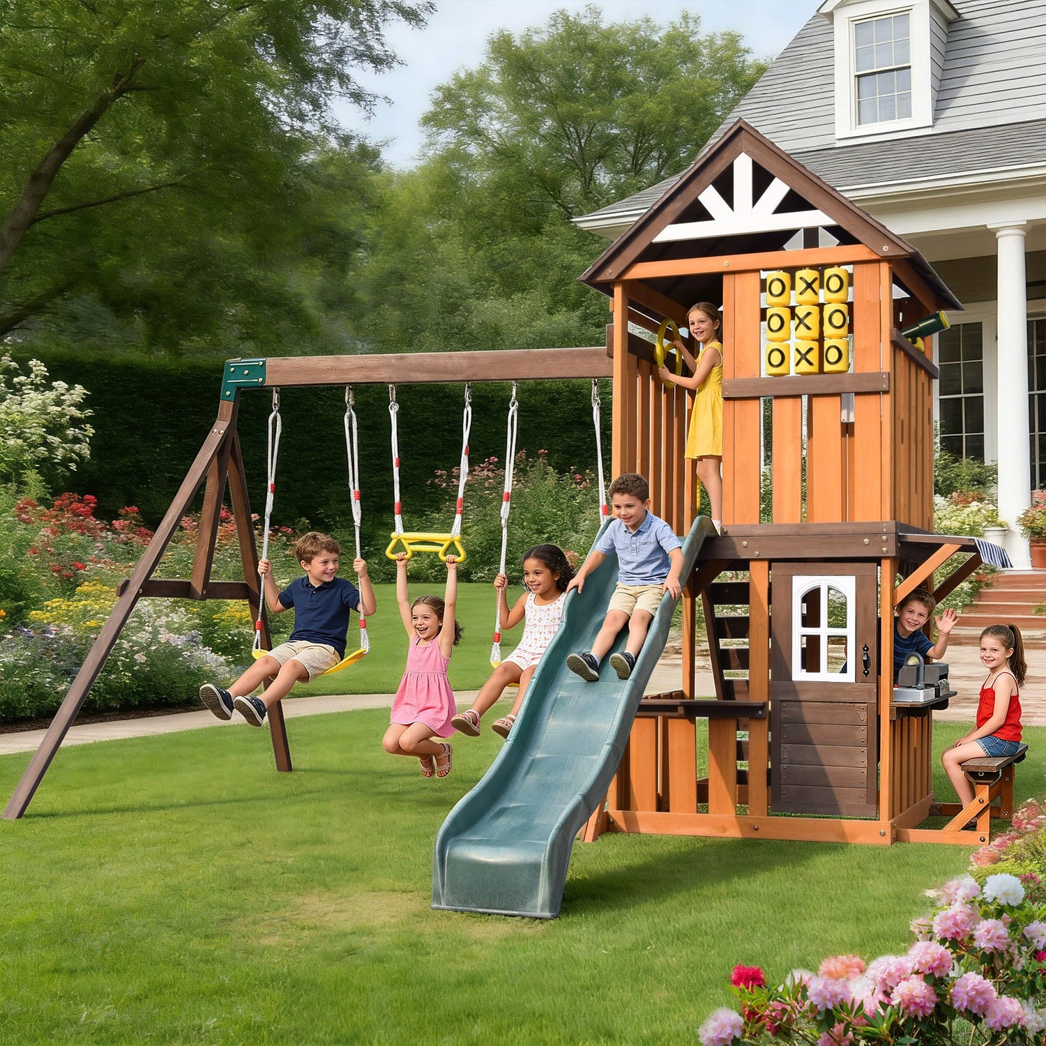 Cedar Wood Swing Set with Wave Slide, Play Kitchen, Rock Wall Ladder, Belt Swings, Toy Telescope, Steering Wheel, Tic-Tac-Toe, Balconies, Outdoor Playhouse Playground Set for Backyard Garden