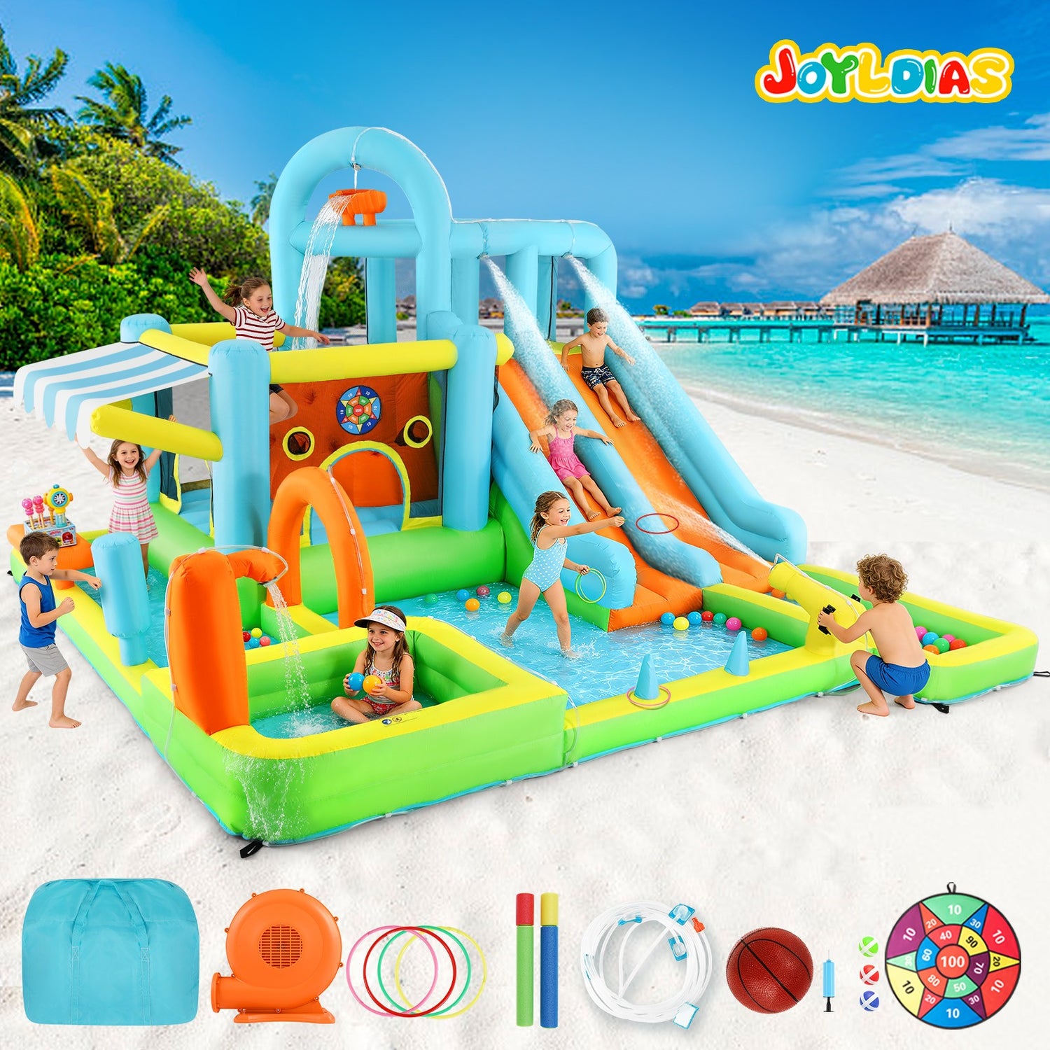 Inflatable Water Slide Bounce House for Kids, Luxury Heavy Duty Blow Up Water Park with Double Slides, Climbing Wall, Splash Pool and Sunshade Awning