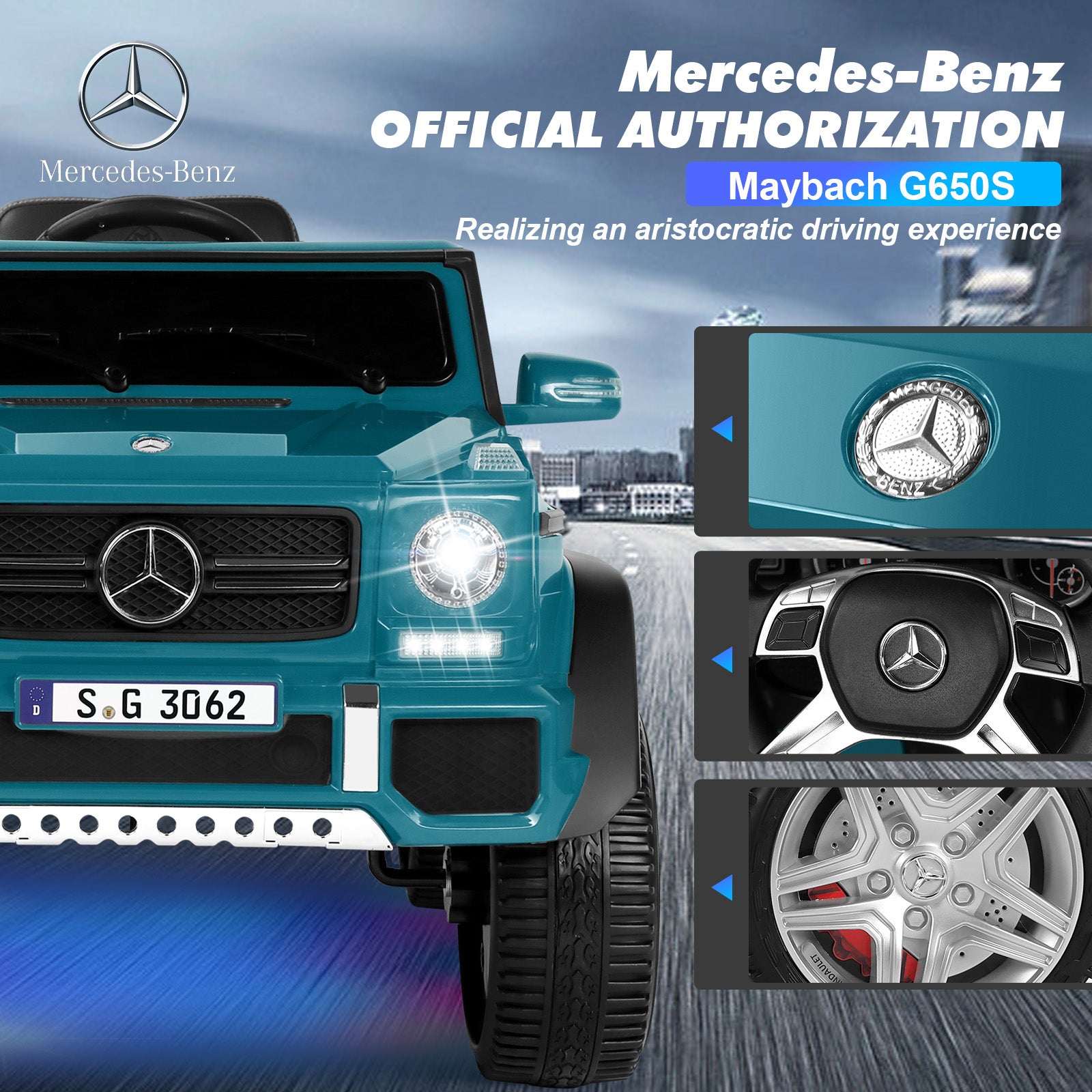 #40122 Licensed Mercedes-Benz Maybach G650S, 12V7AH Battery Powered Toy Electric Car for Kids with 2.4GHz Remote Control, 2 Motors, 3 Speeds, Lock, Music, Horn, LED Lights