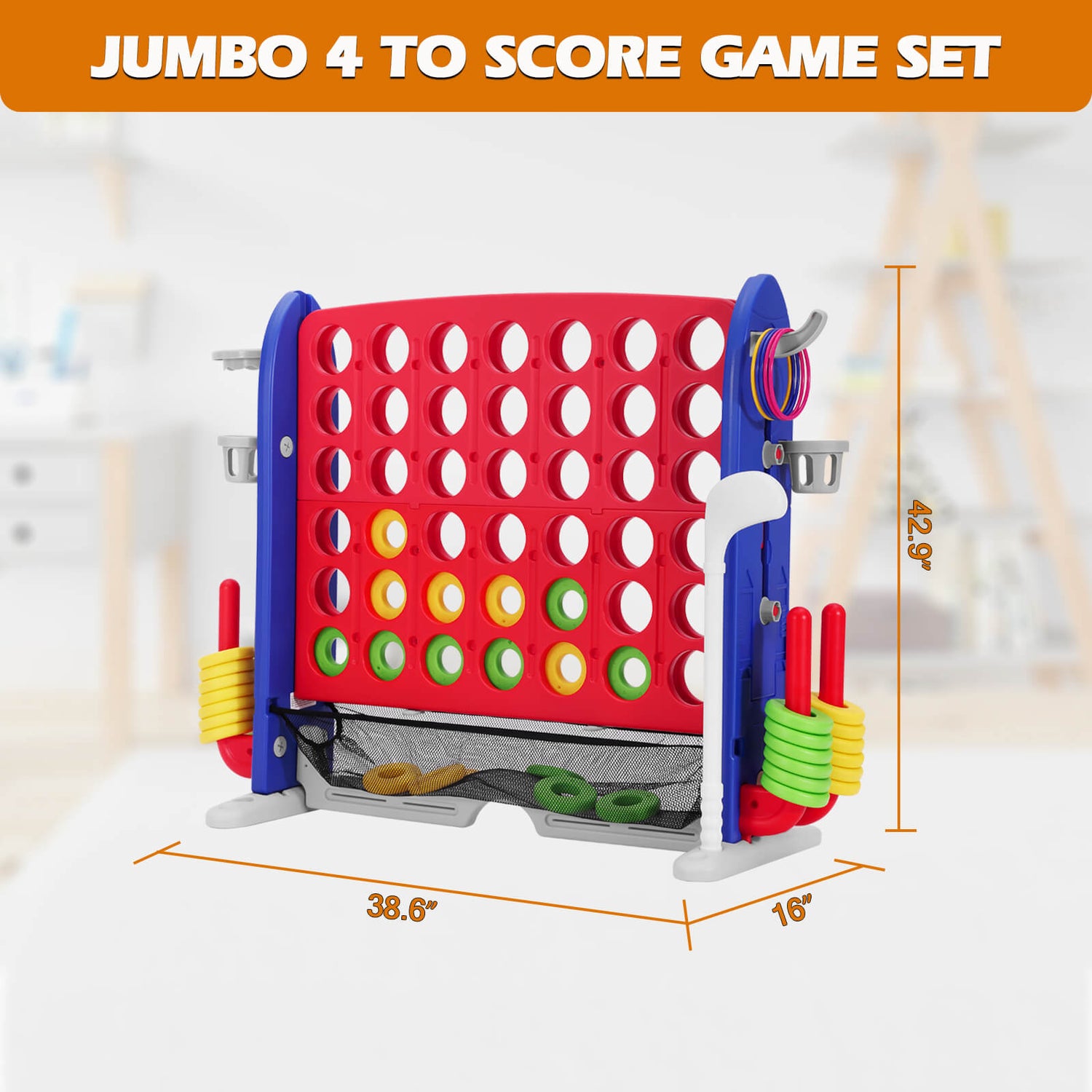 Jumbo 4-to-Score Giant Game Set, 4 in a Row Game with Ring Toss, Golf & More, 3.5FT Tall Indoor/Outdoor Connect Game with 42 Jumbo Rings & Quick-Release Slider, Holiday, Party & Family Games