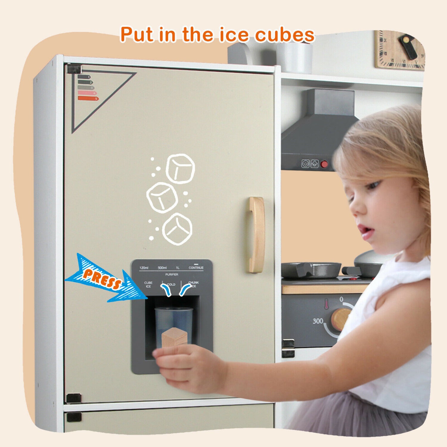 Kid Play Kitchen Pretend Wooden Toddler Ice Cube Dispenser Refrigerator Toy Set