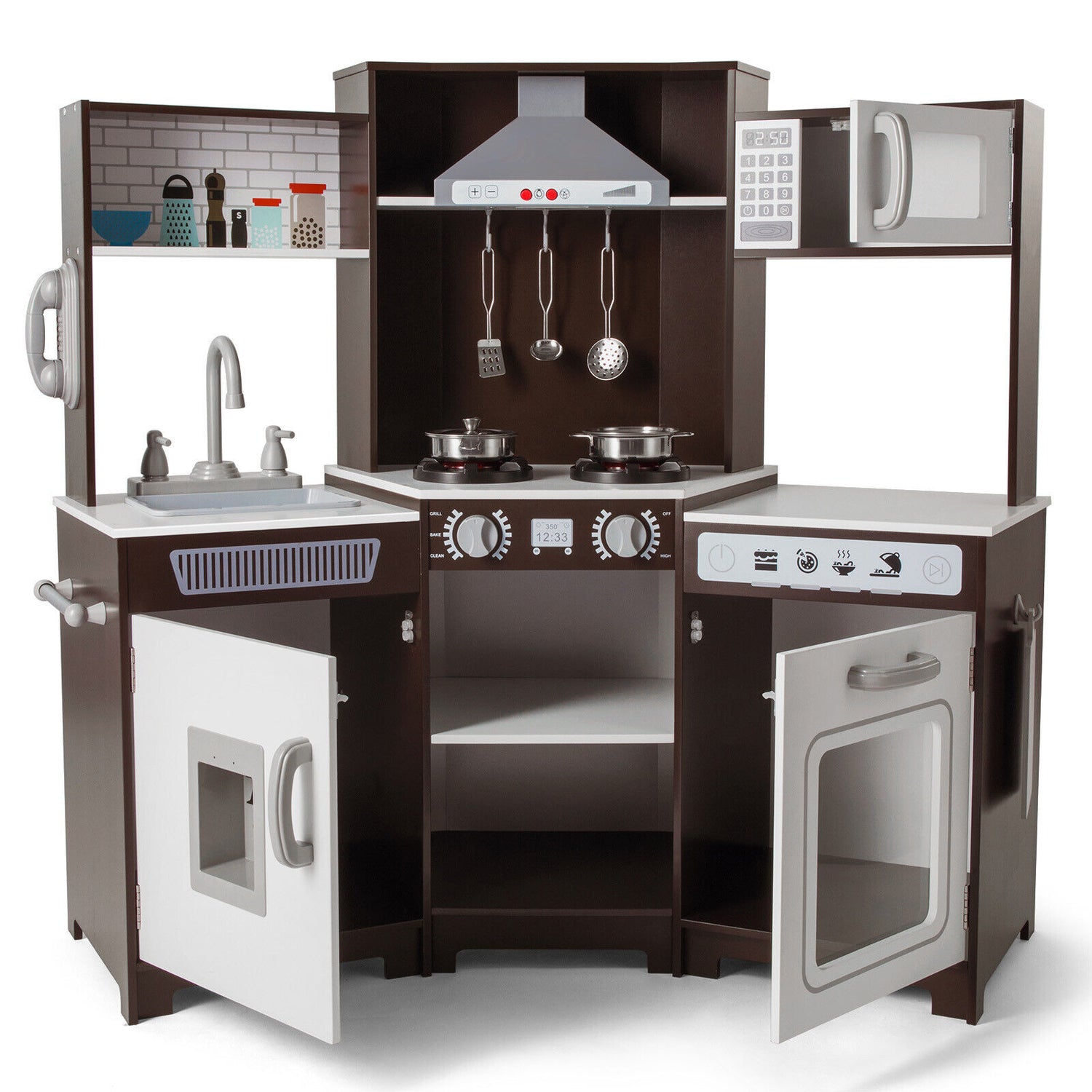 JOYLDIAS Kids Play Kitchen Corner Wooden Pretend Toddler Kitchen Toys Playset，Brown