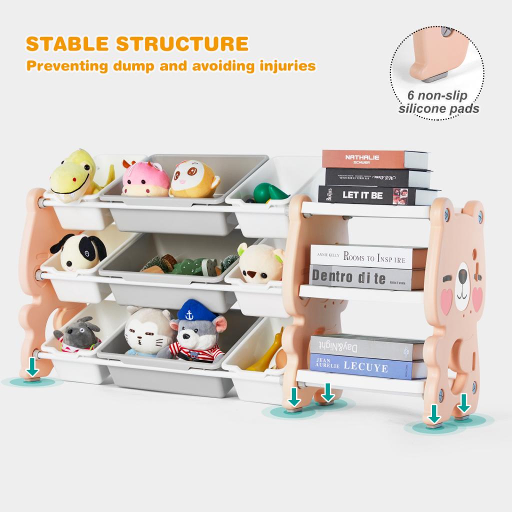 Wood Frame Organizer Toy Storage Shelf with 9 Removable Bins for